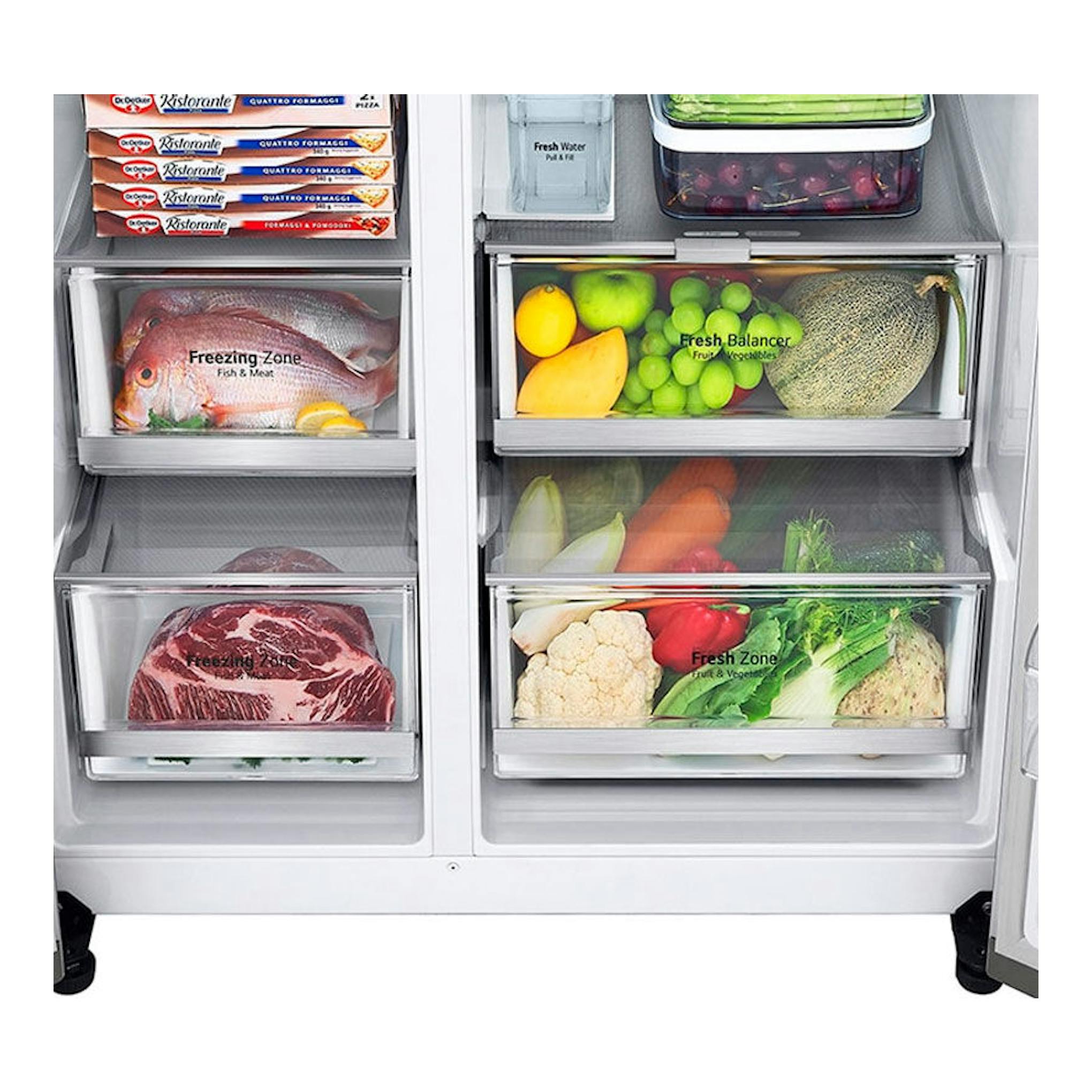 Vista frontal del interior de un frigorífico americano LG GSLV91MBAD inox, con cajones y alimentos.