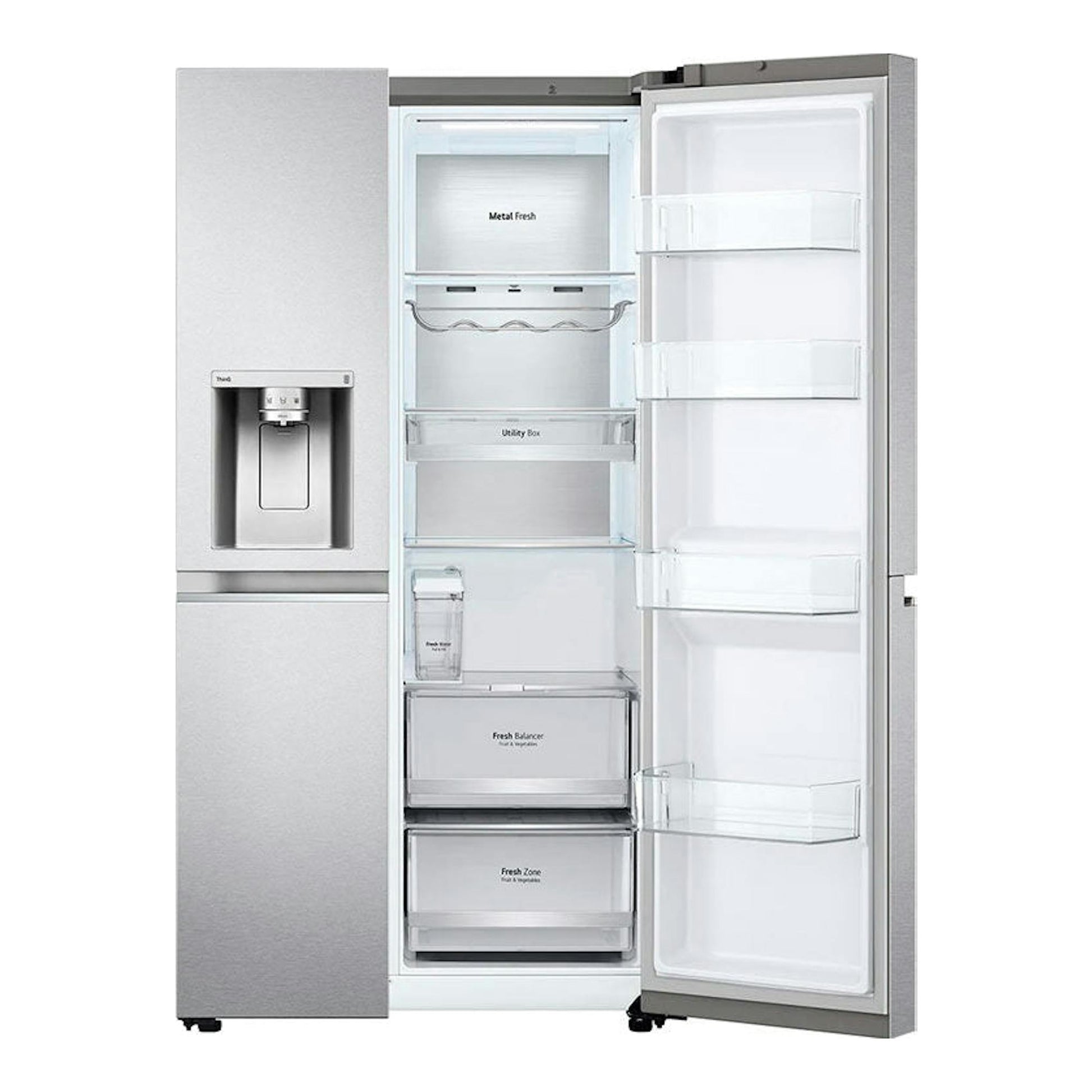 Frigorífico americano LG GSLV91MBAD en inox, vista frontal con puertas abiertas y dispensador de agua.