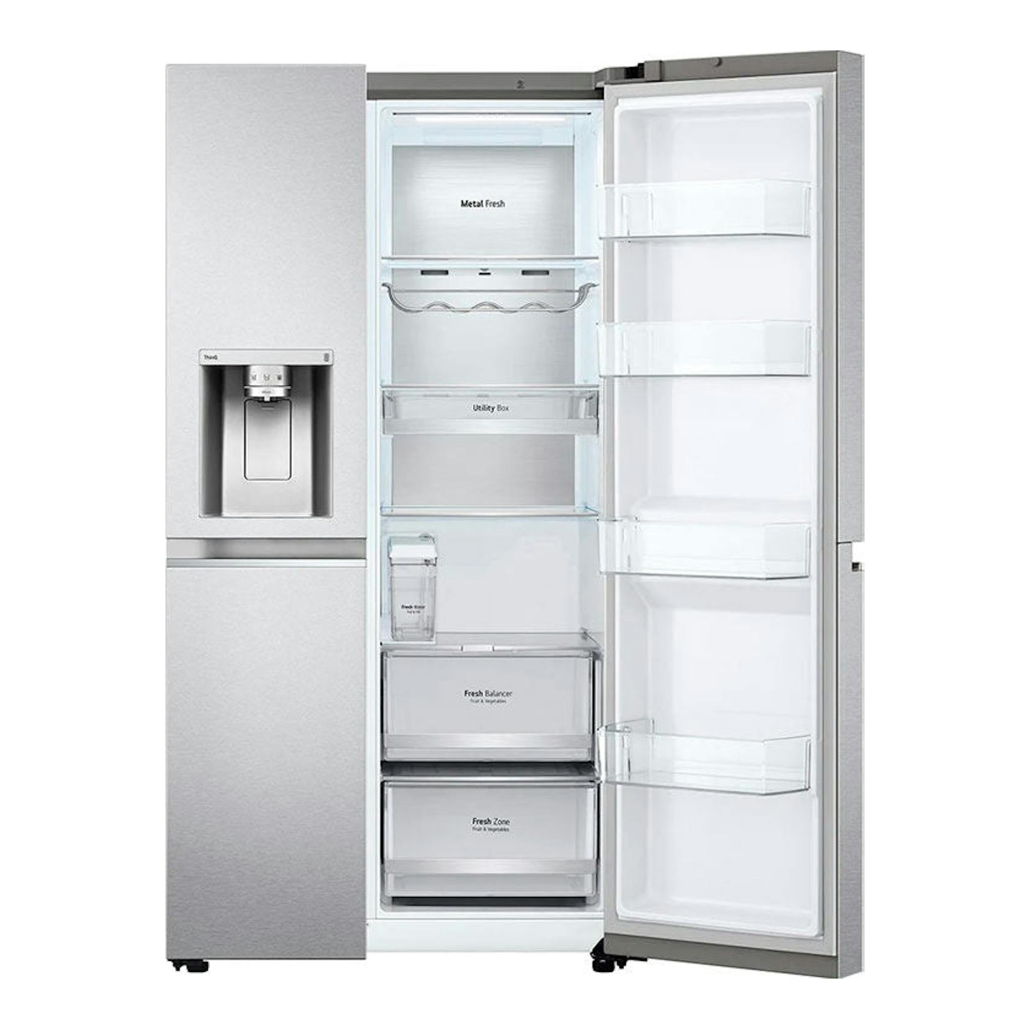 Frigorífico americano LG GSLV91MBAD en inox, vista frontal con puertas abiertas y dispensador de agua.