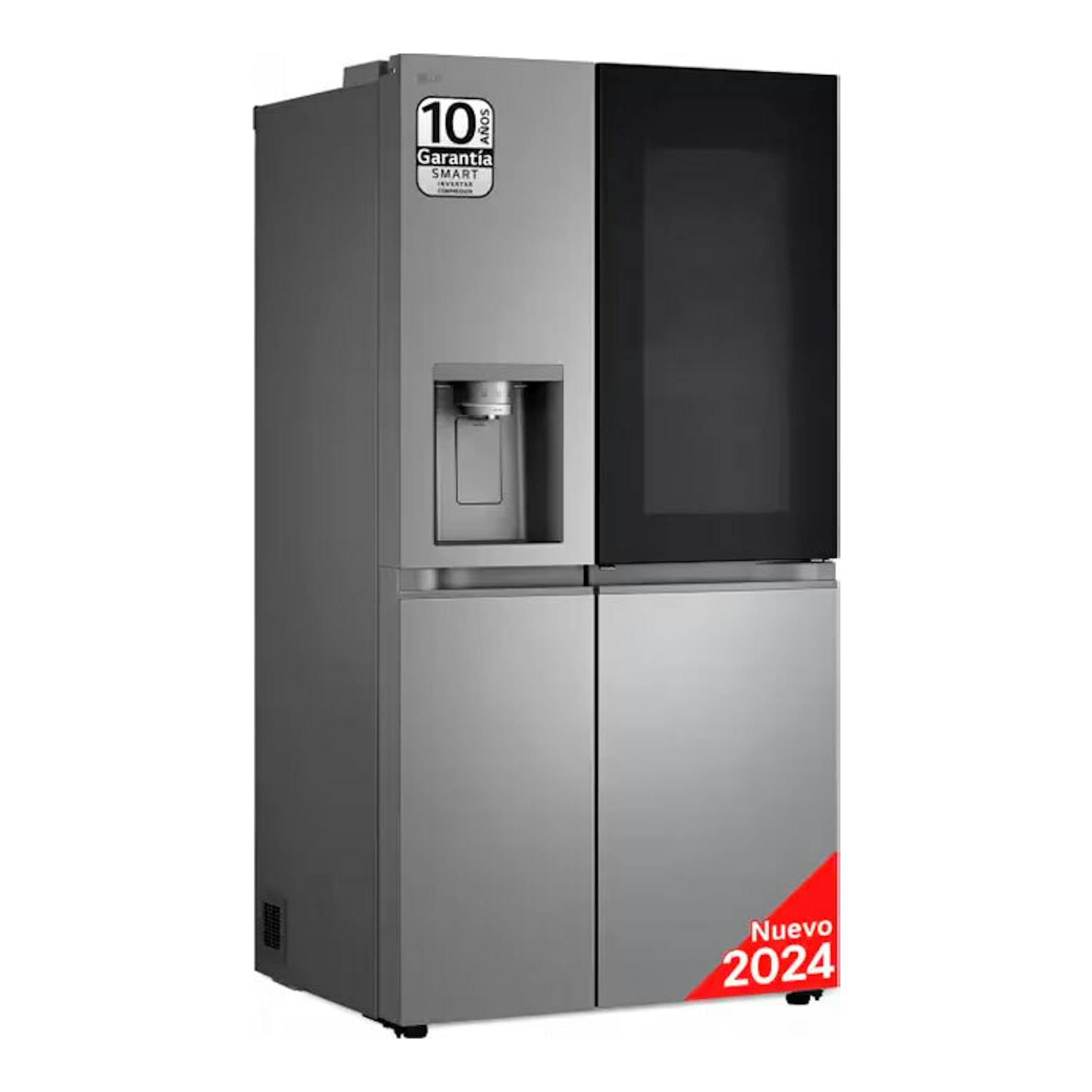 Frigorífico americano LG GSXE80PYBD inox, vista frontal, acabado plateado con puerta negra y dispensador.