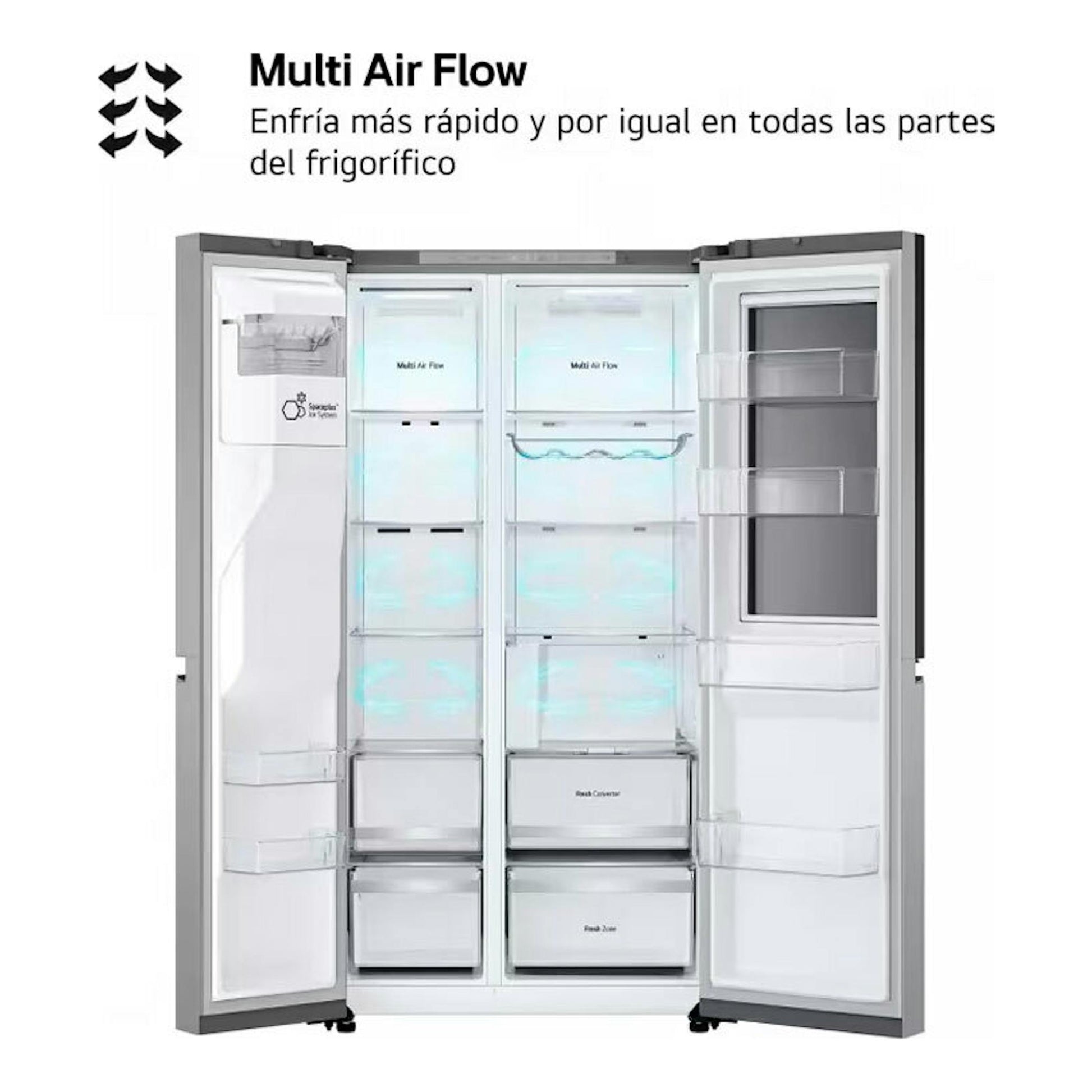 Frigorífico americano LG GSXE80PYBD inox, vista frontal abierta, con compartimentos interiores y tecnología Multi Air Flow.