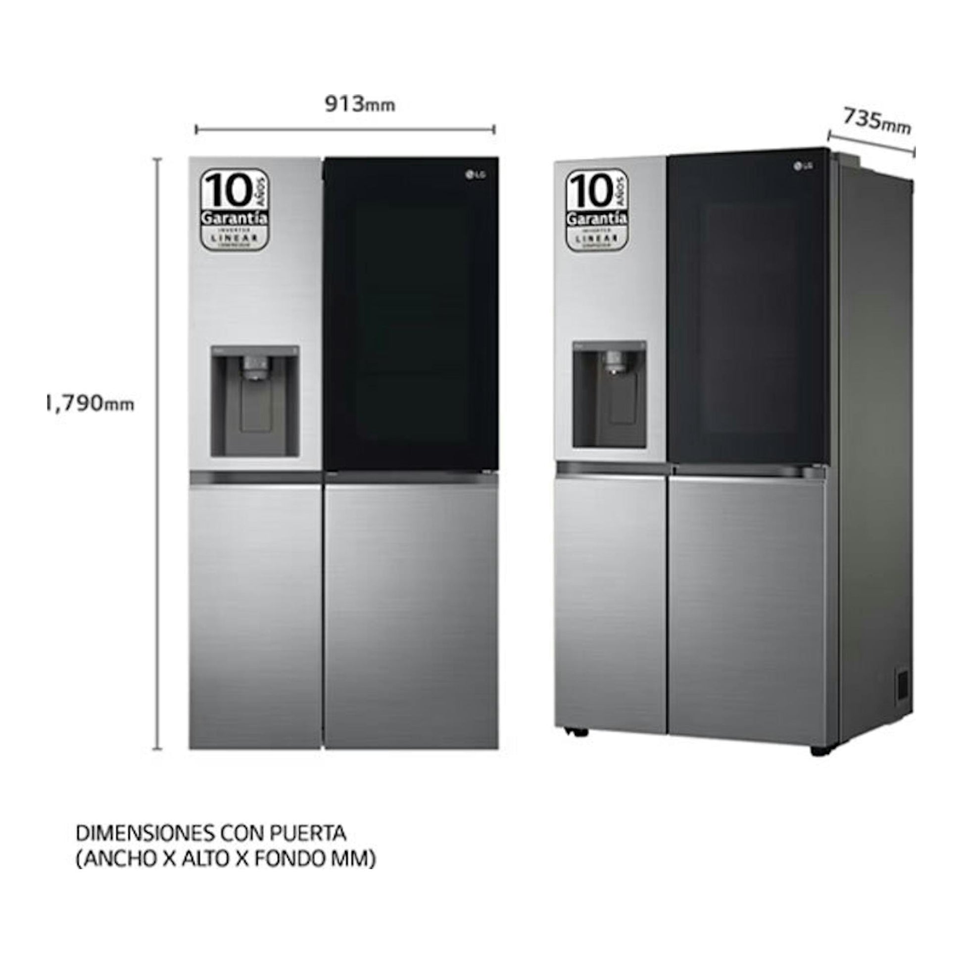 Frigorífico americano LG GSXE80PYBD inox, vista frontal y lateral, con dispensador de agua.