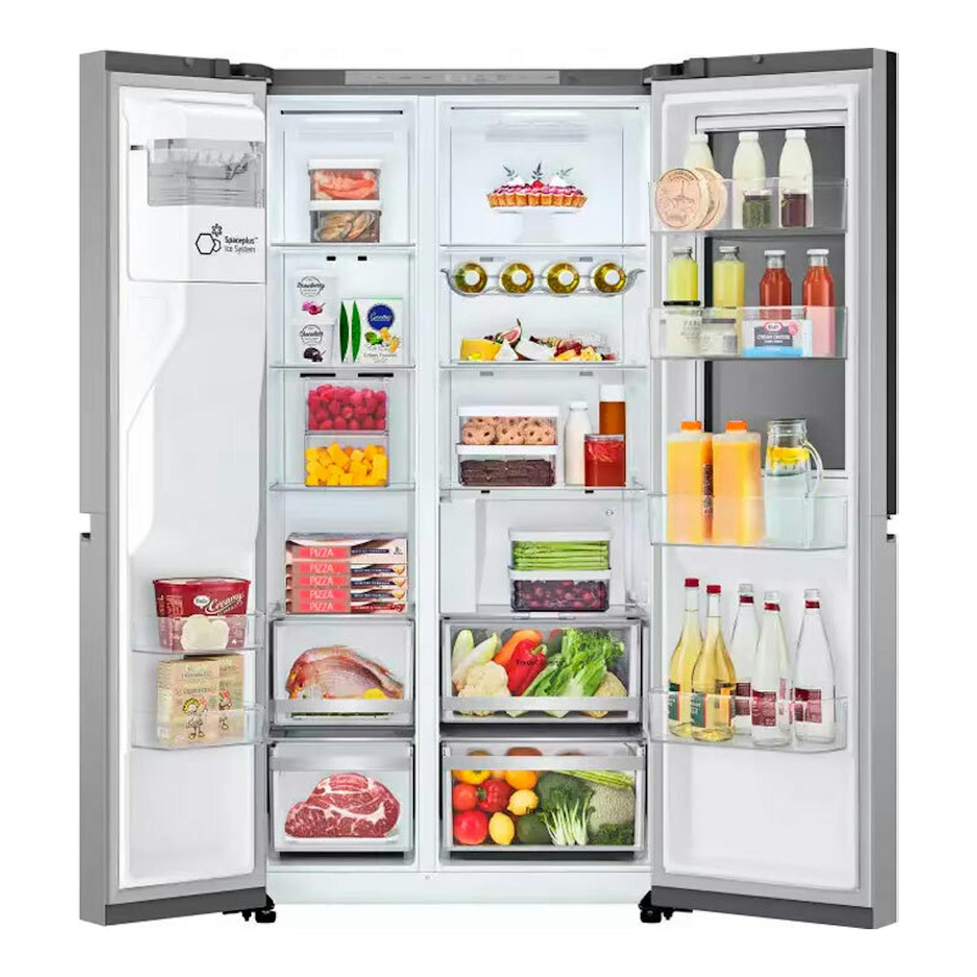 Frigorífico americano LG GSXE80PYBD inox, abierto de frente, con cuatro puertas y alimentos en estantes.