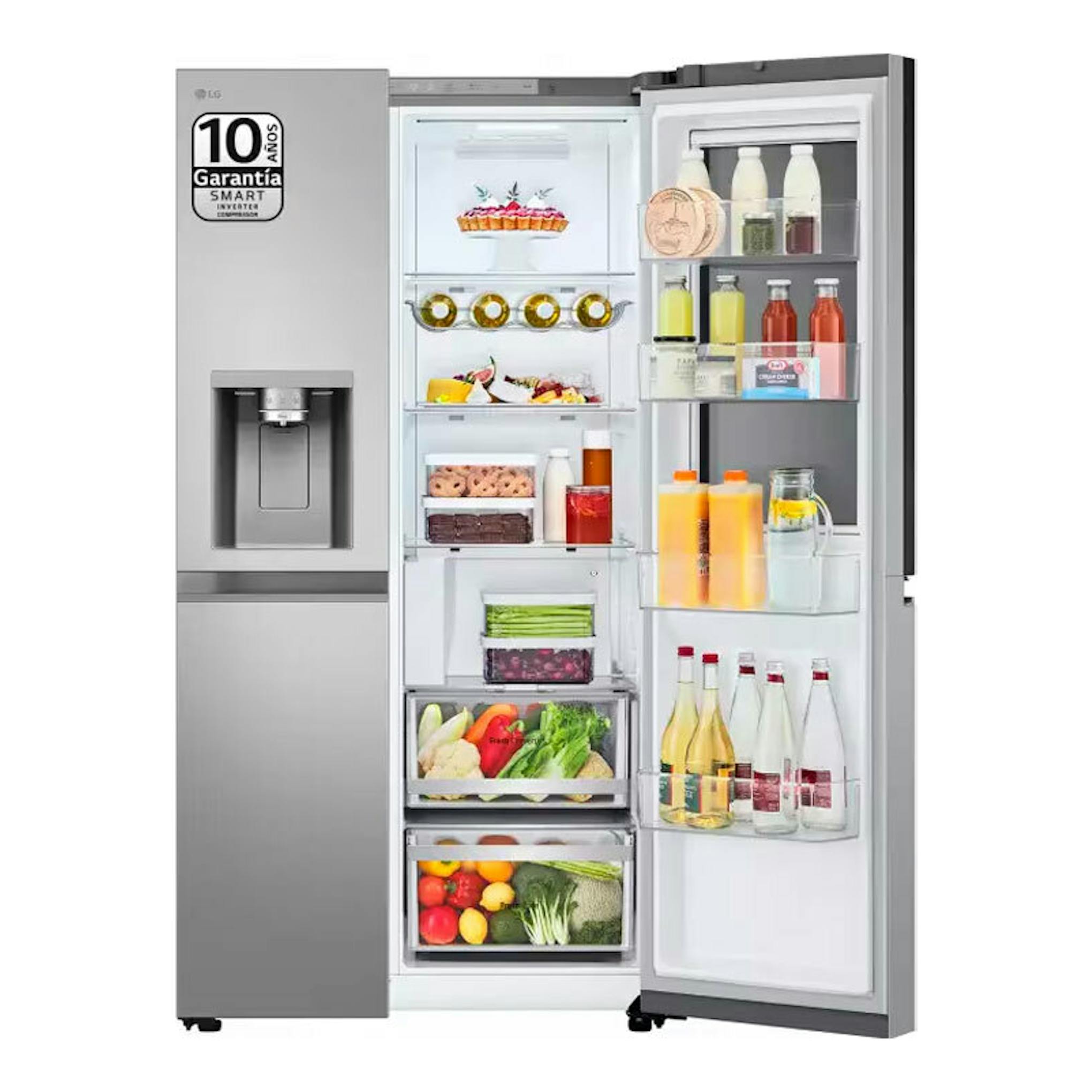 Frigorífico americano LG GSXE80PYBD inox, vista frontal con puertas abiertas y dispensador de agua/hielo.