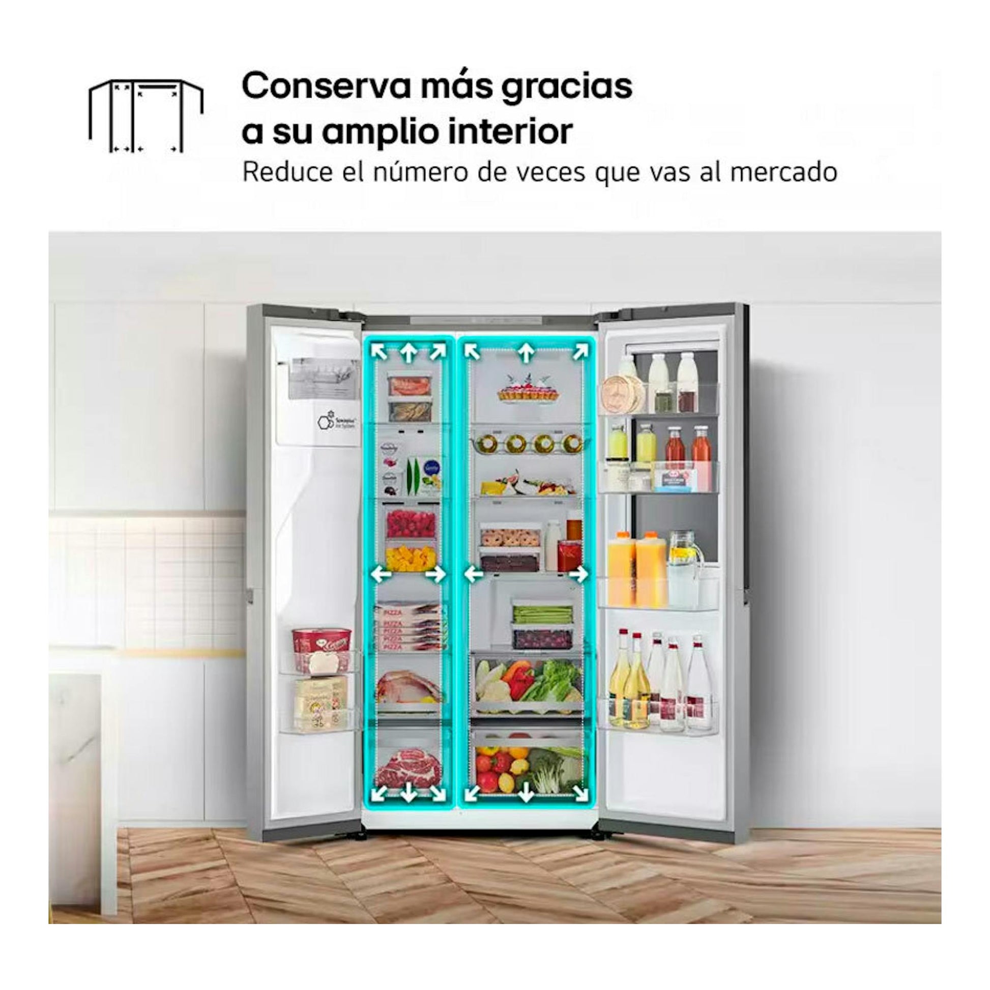 Frigorífico americano LG GSXE80PYBD inox, visto de frente y abierto, con interior y puertas laterales llenas.