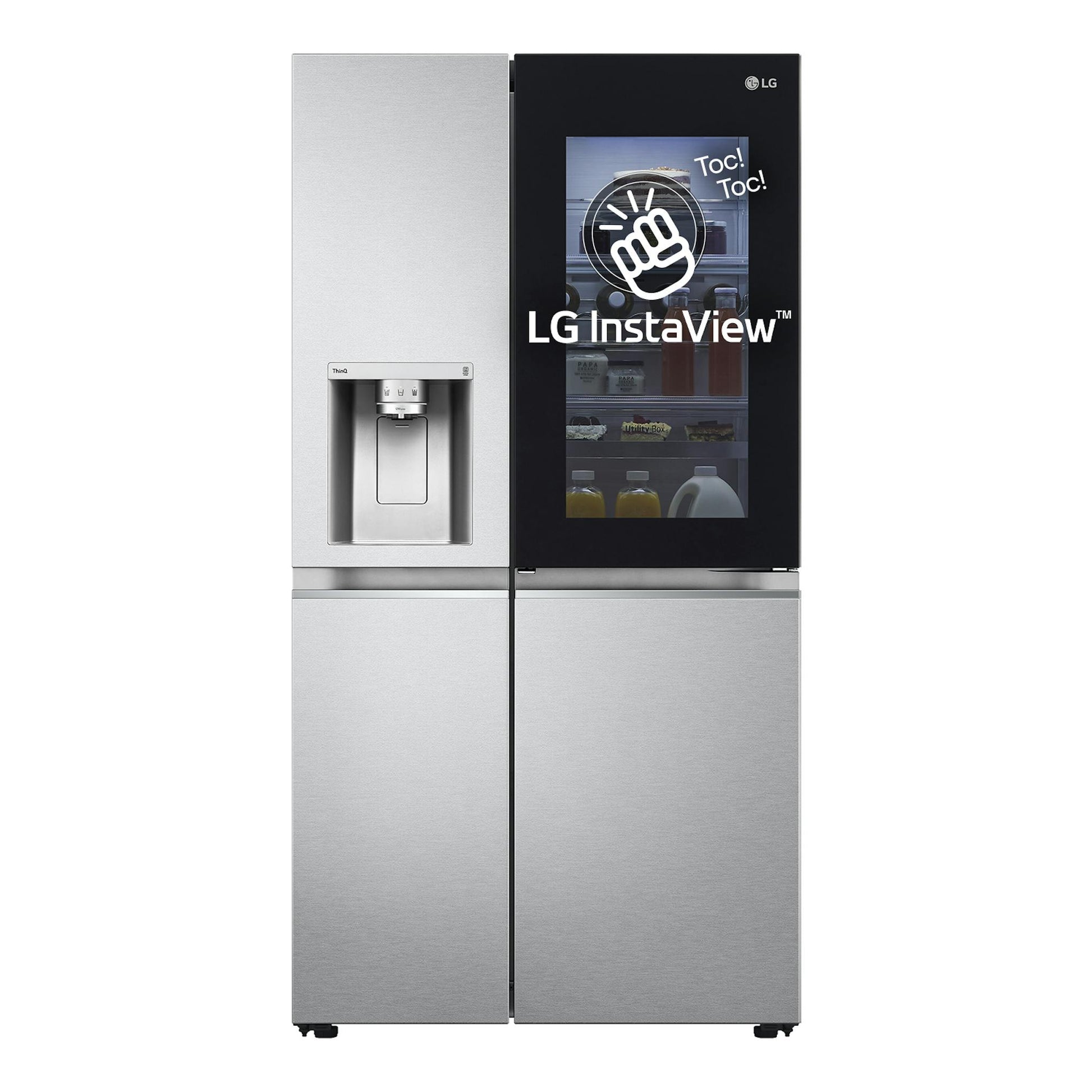 Frigorífico americano LG GSXV90MBAE, vista frontal, acabado inox y negro, con dispensador de agua e InstaView.