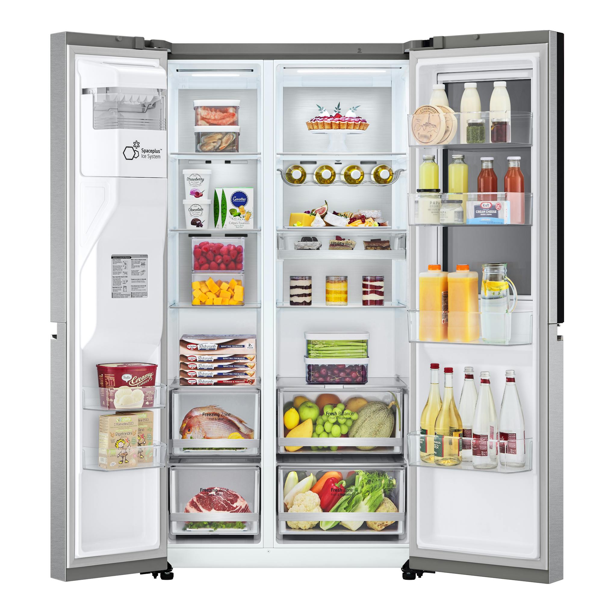 Frigorífico americano LG GSXV90MBAE gris, vista frontal abierta, con dos puertas y compartimentos llenos.