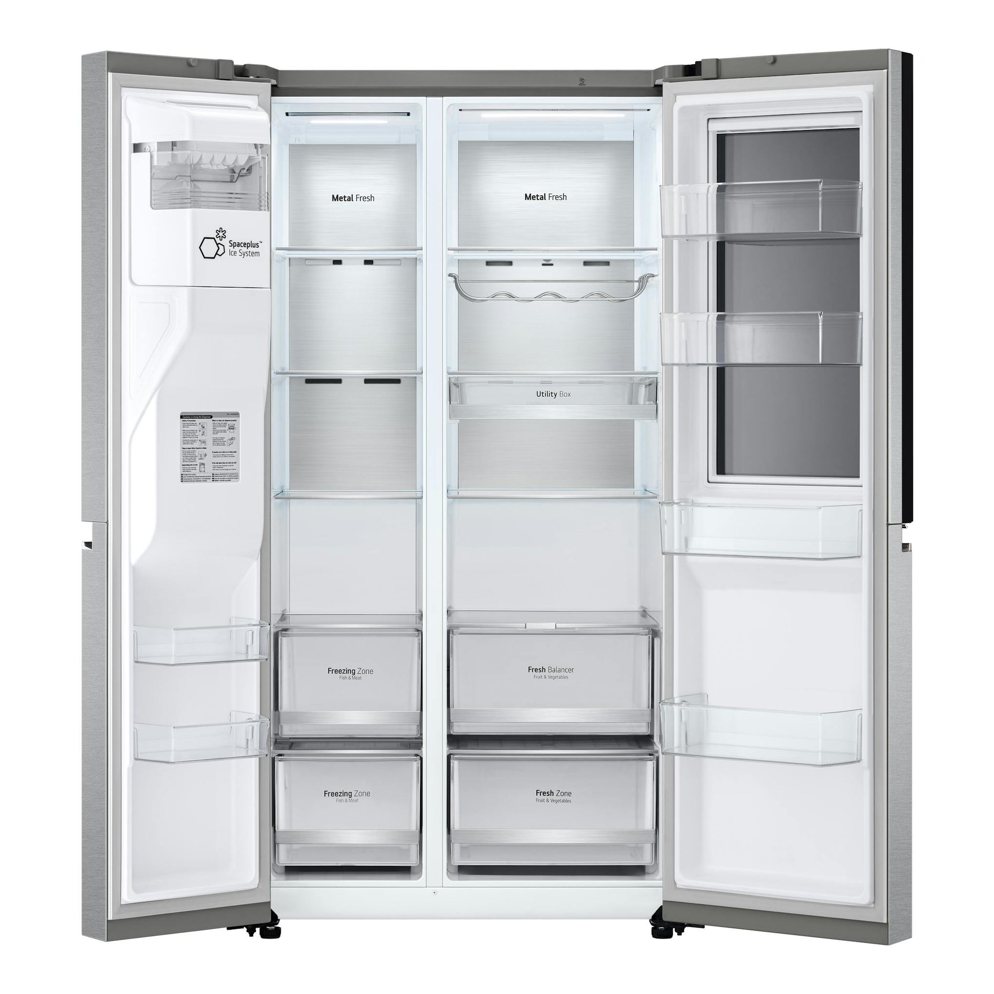 Frigorífico americano LG GSXV90MBAE en acero inoxidable, vista frontal con puertas abiertas.