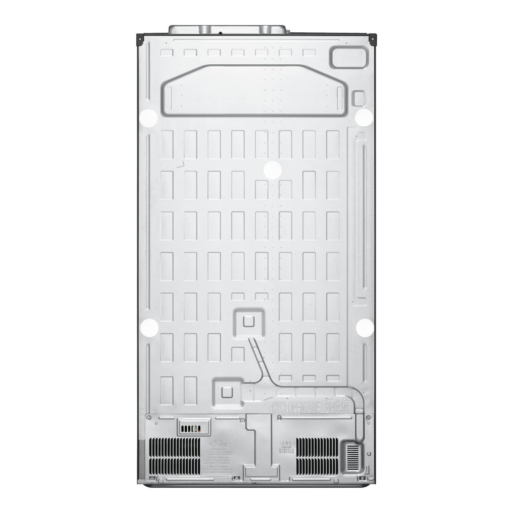 Parte trasera de un frigorífico americano LG GSXV90MBAE plateado, vista posterior del panel metálico.