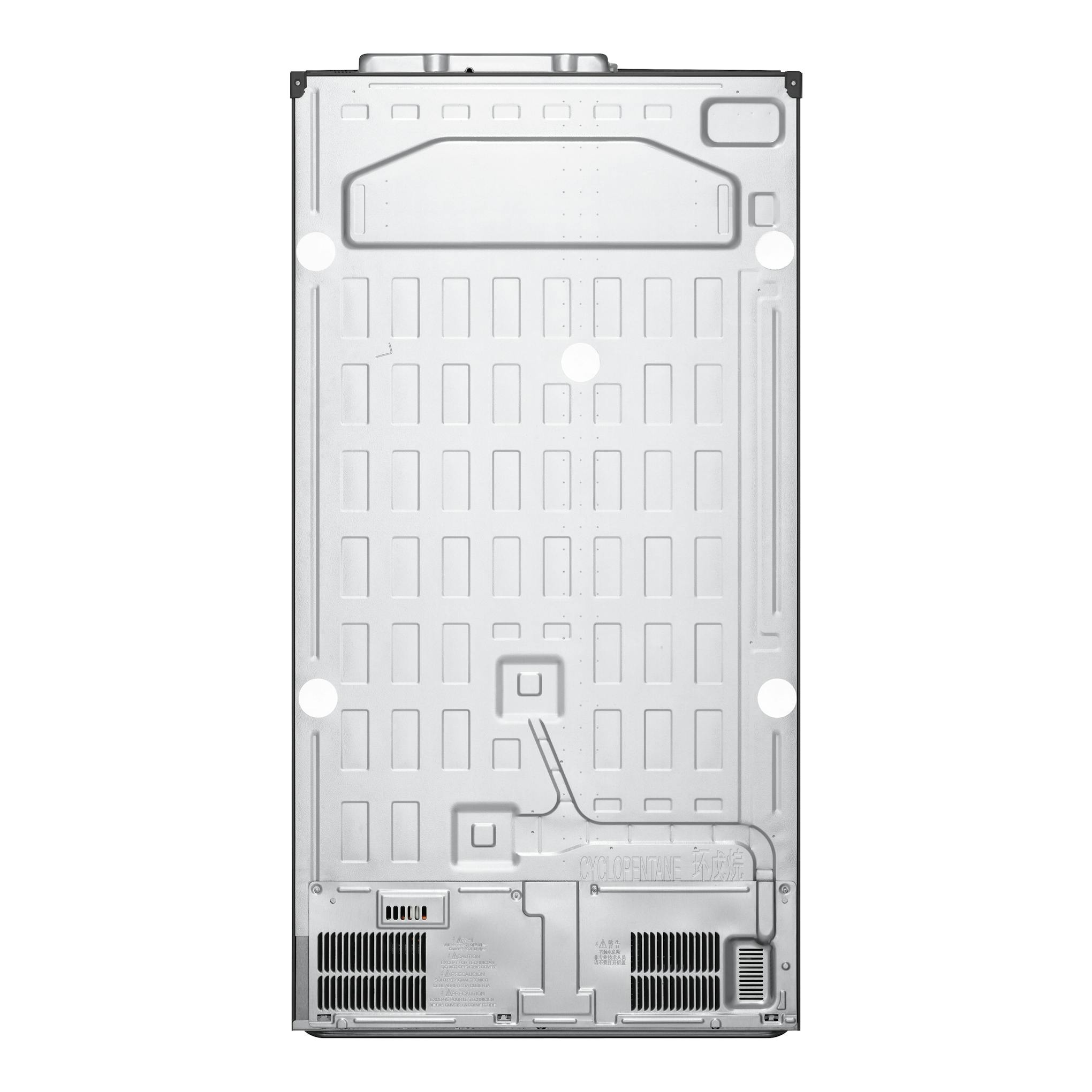 Parte trasera de un frigorífico americano LG GSXV90MBAE plateado, vista posterior del panel metálico.