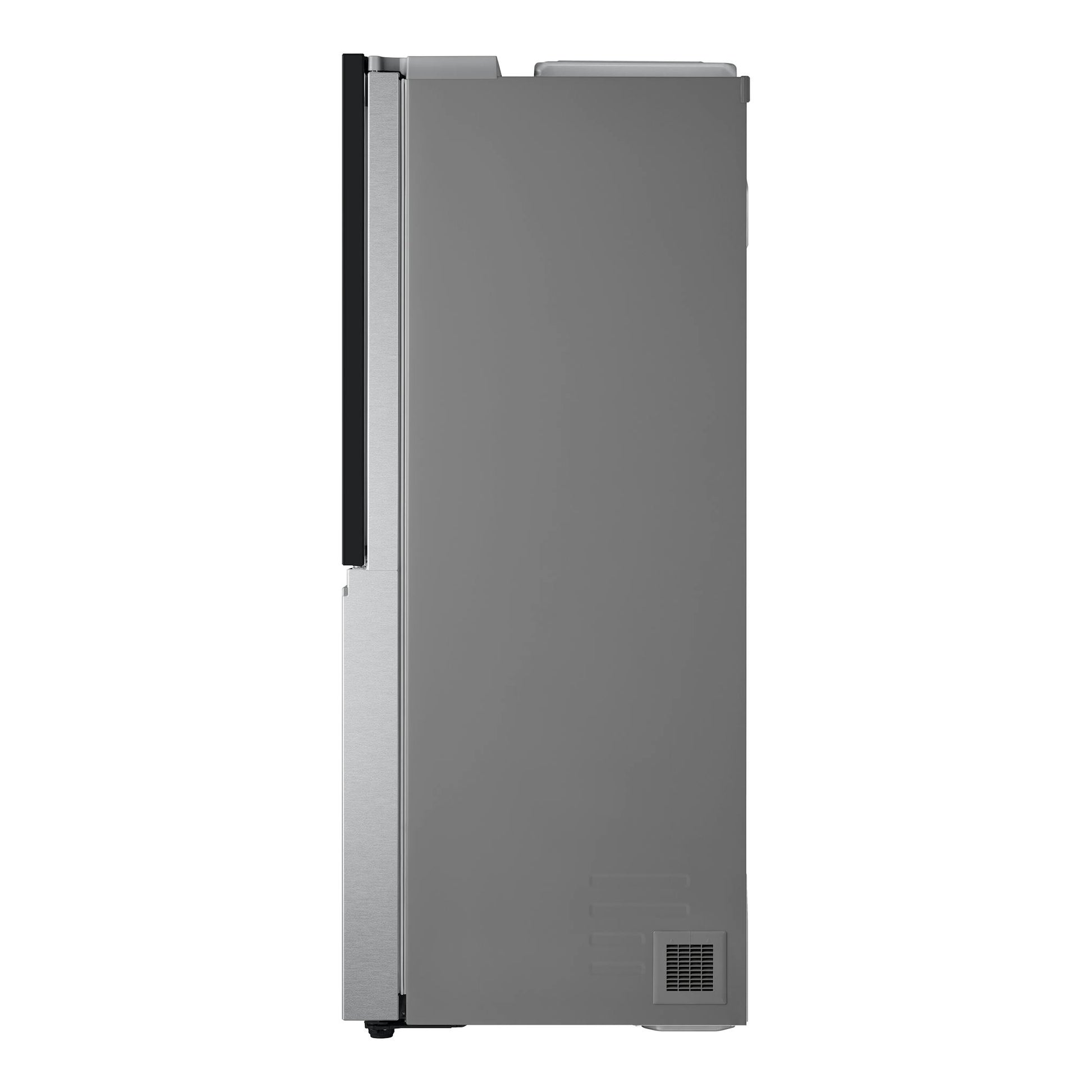 Frigorífico americano LG GSXV90MBAE gris, vista lateral derecha, con rejilla inferior trasera.