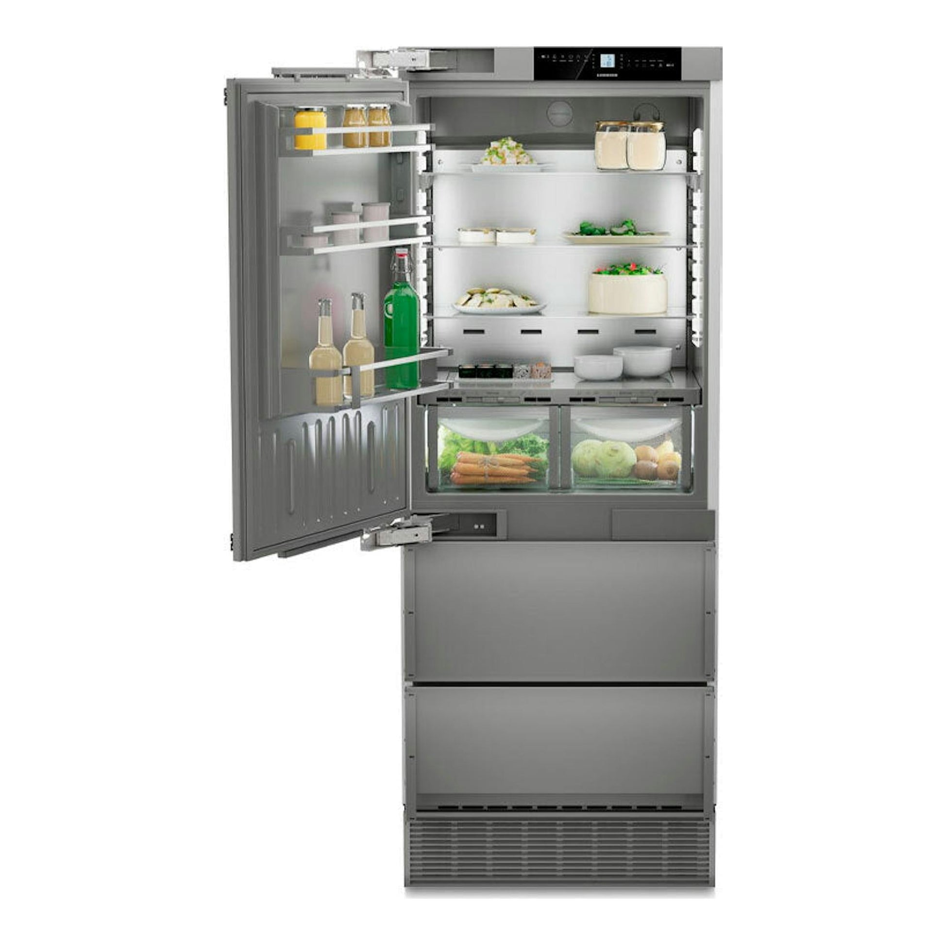 Frigorífico americano Liebherr ECBNe 7871 Inox, vista frontal con puerta abierta e interior visible.