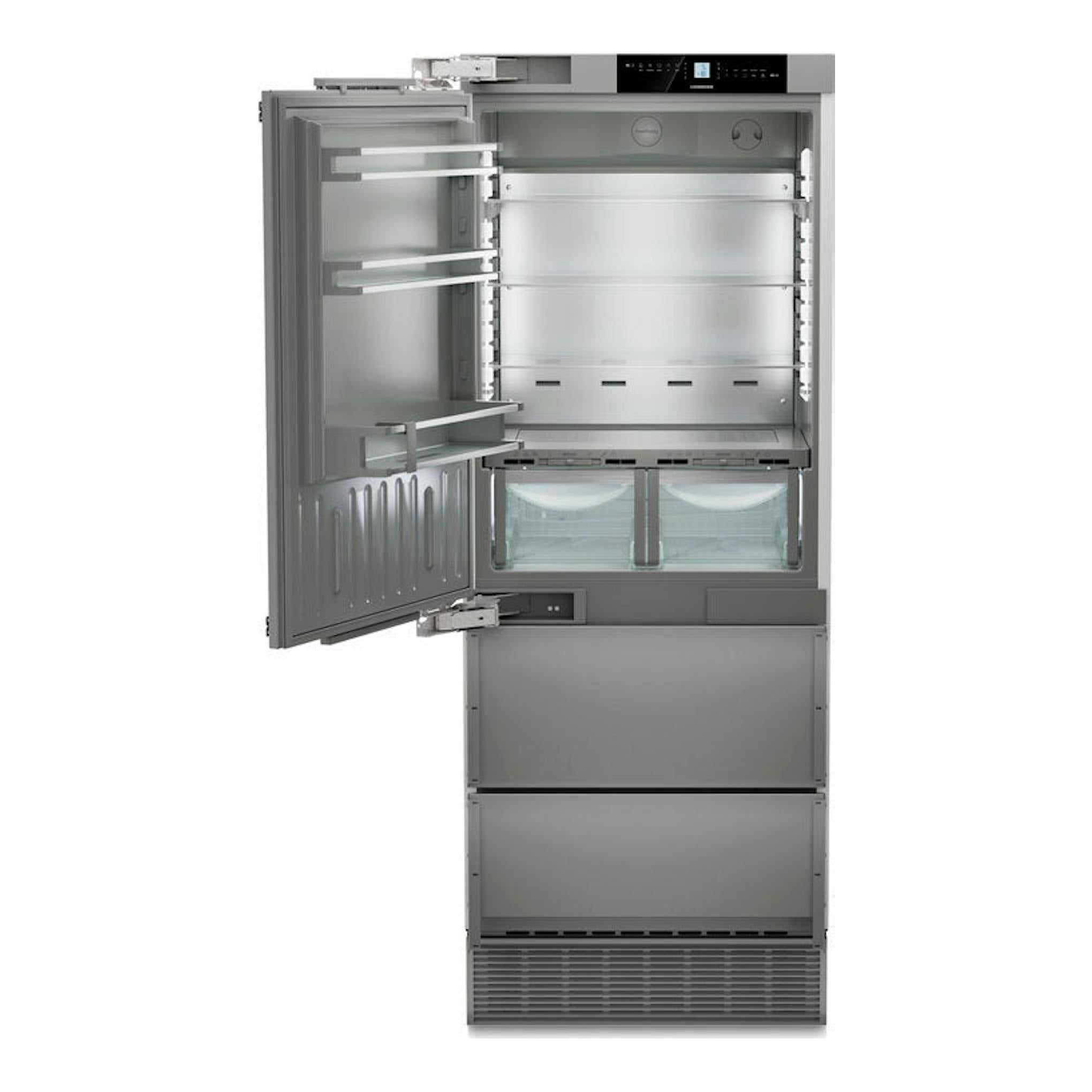 Frigorífico Liebherr ECBNe 7871 en inox, vista frontal con la puerta izquierda abierta y cajones inferiores.
