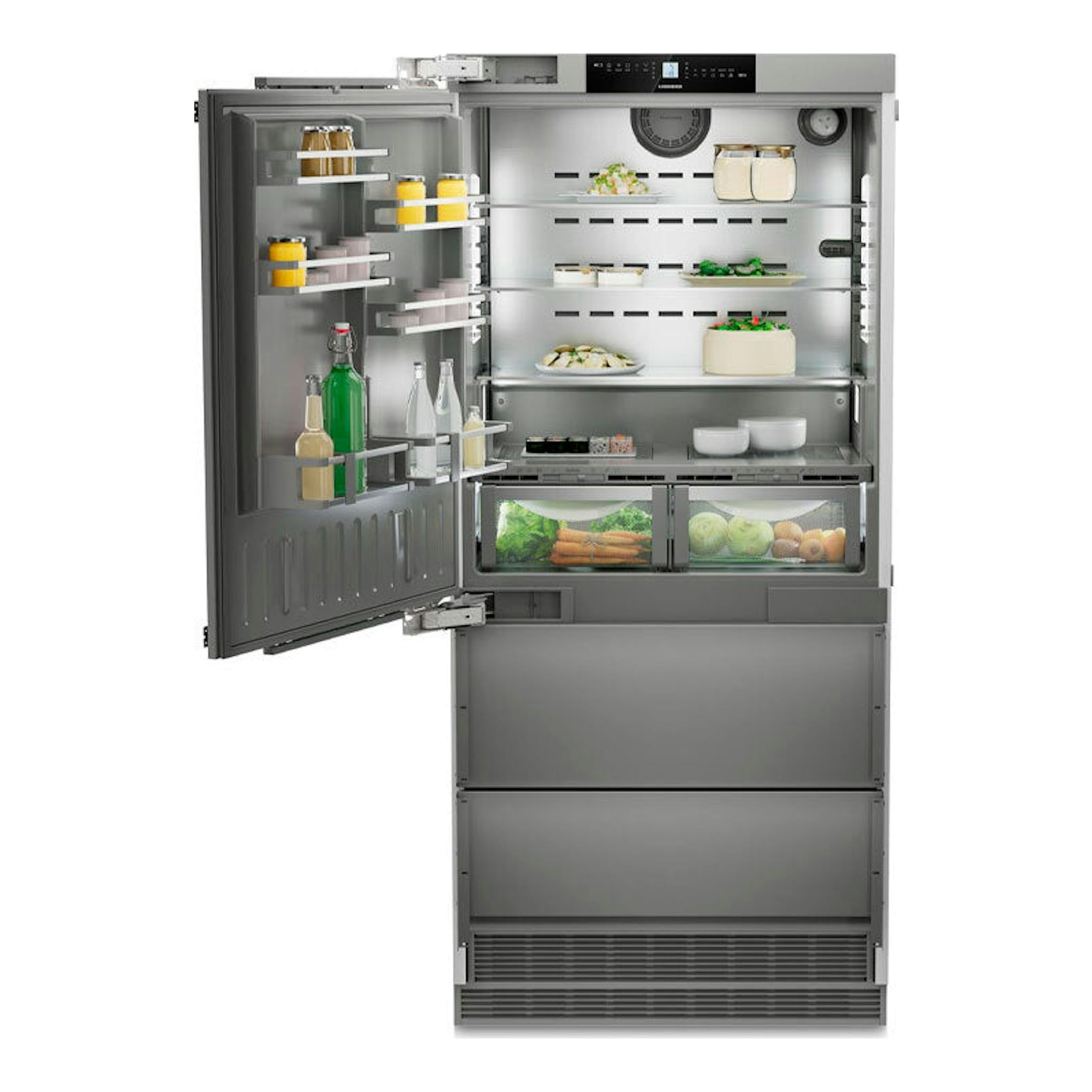 Frigorífico americano Liebherr ECBNe 8871 inox, vista frontal con la puerta abierta e interior visible.