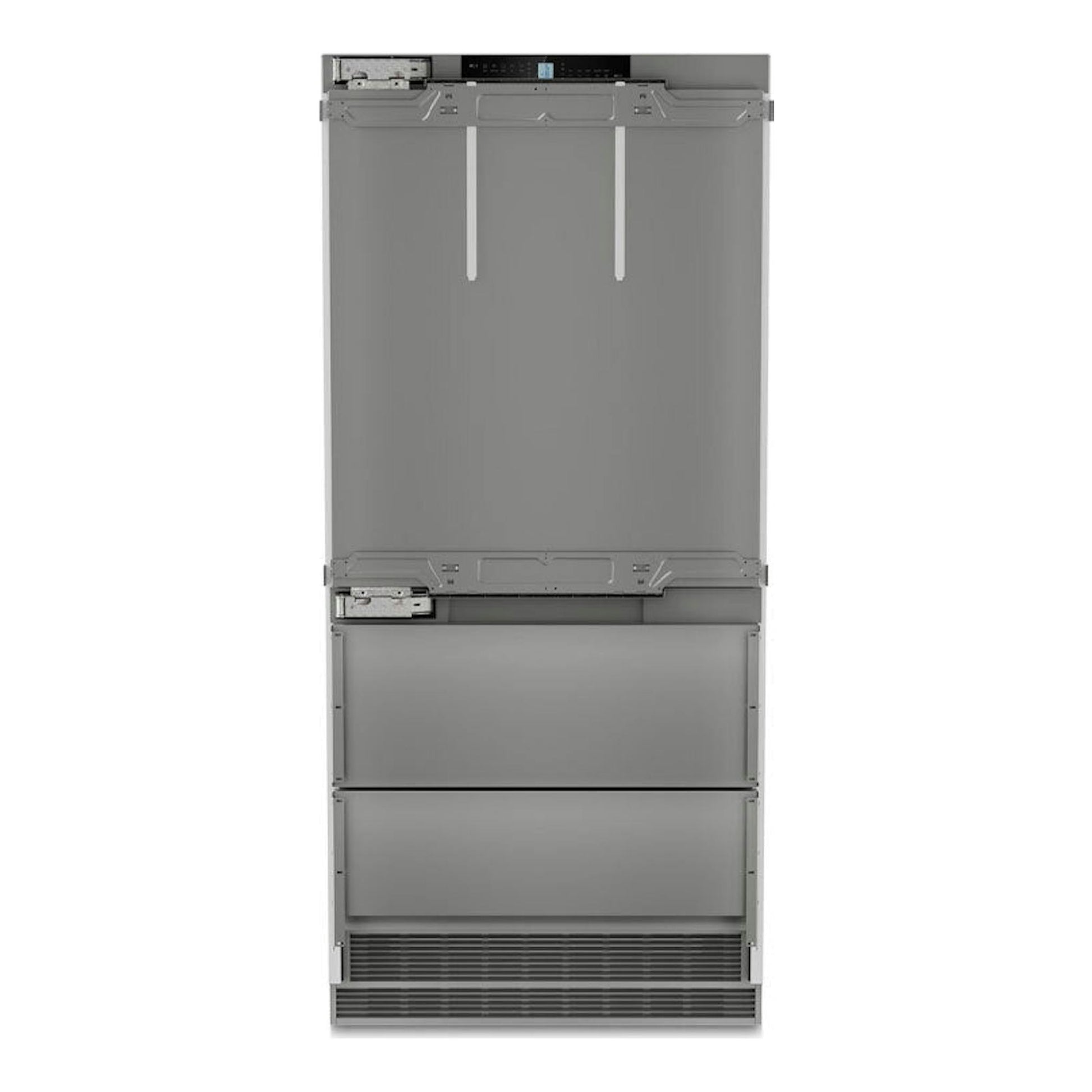 Liebherr ECBNe 8871 617 20 Inox, vista frontal de frigorífico americano integrado en color acero gris.