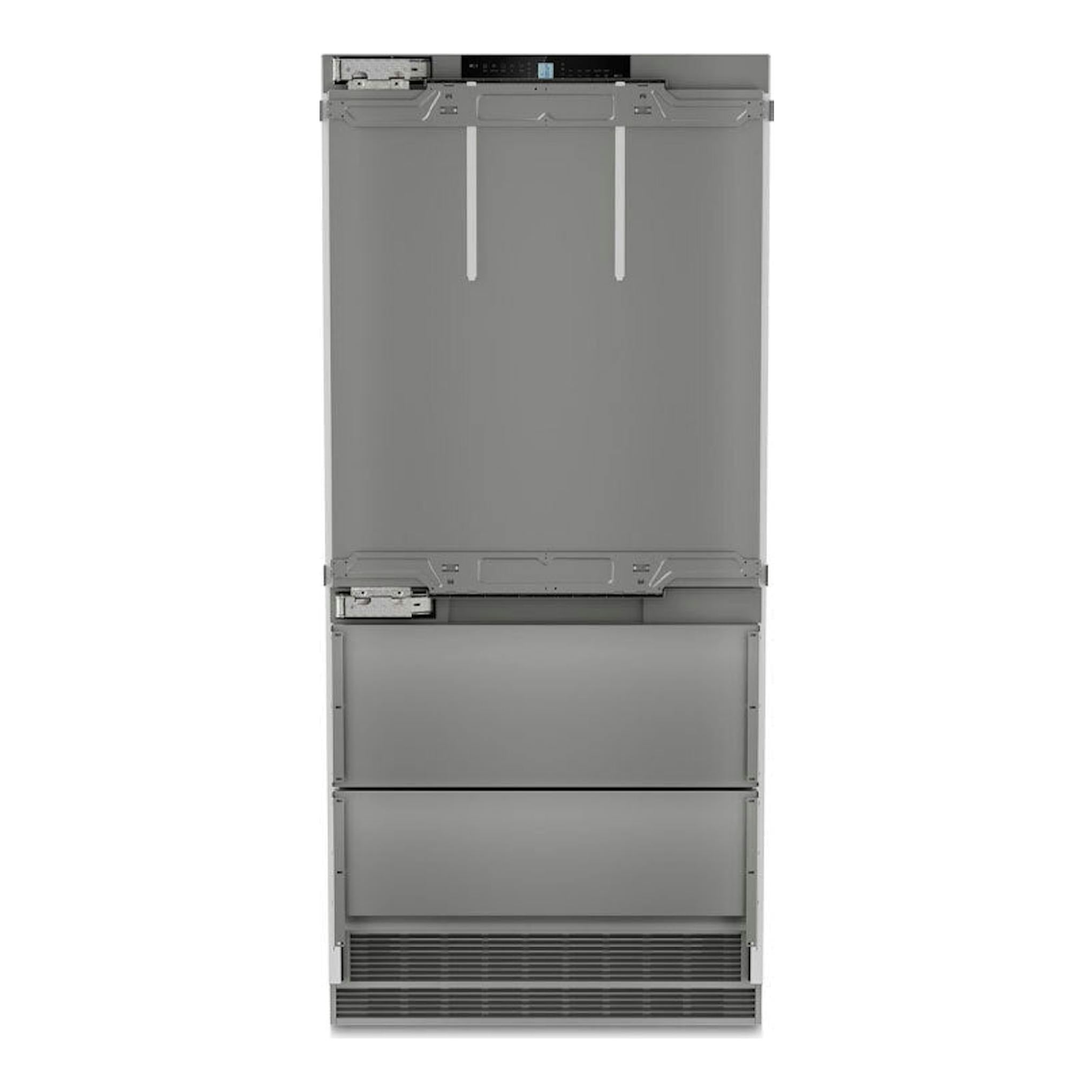 Liebherr ECBNe 8871 617 20 Inox, vista frontal de frigorífico americano integrado en color acero gris.