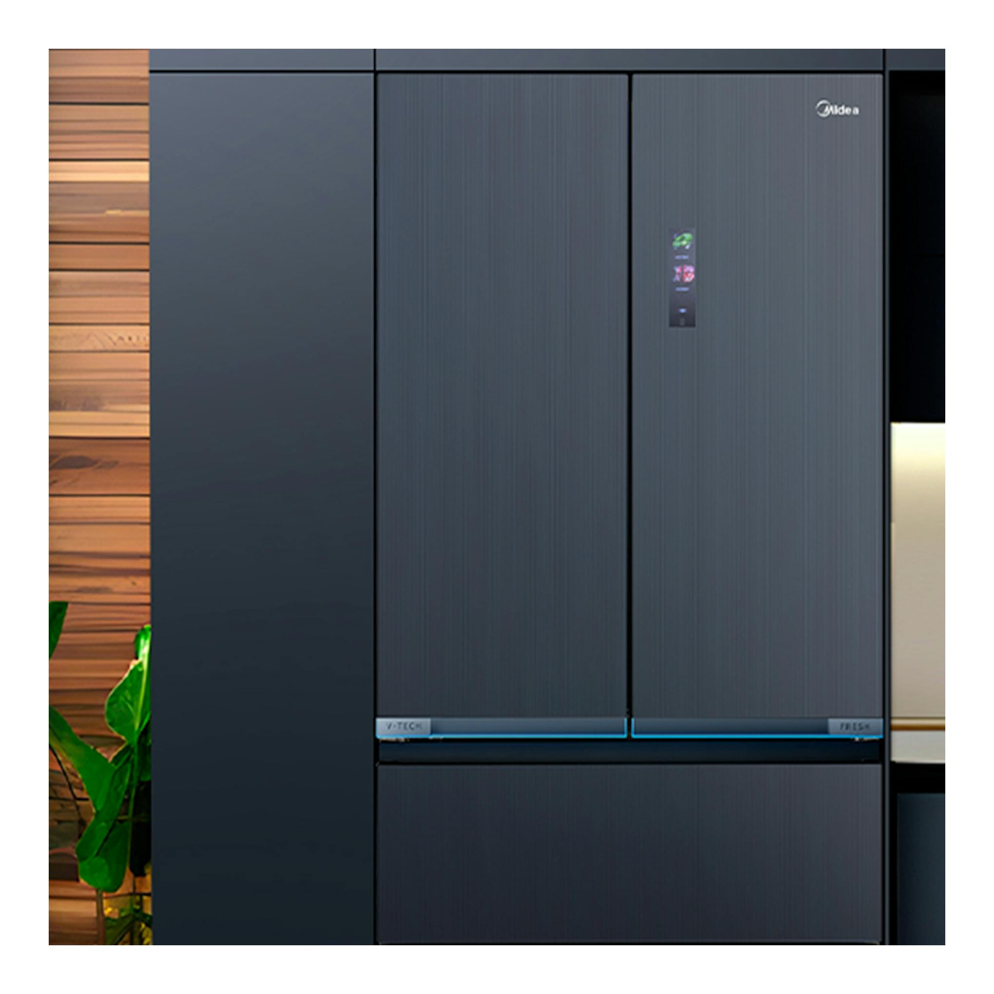 Frigorífico americano Midea MDRF705BIE70 inox, vista frontal, puertas oscuras y pantalla en la puerta.