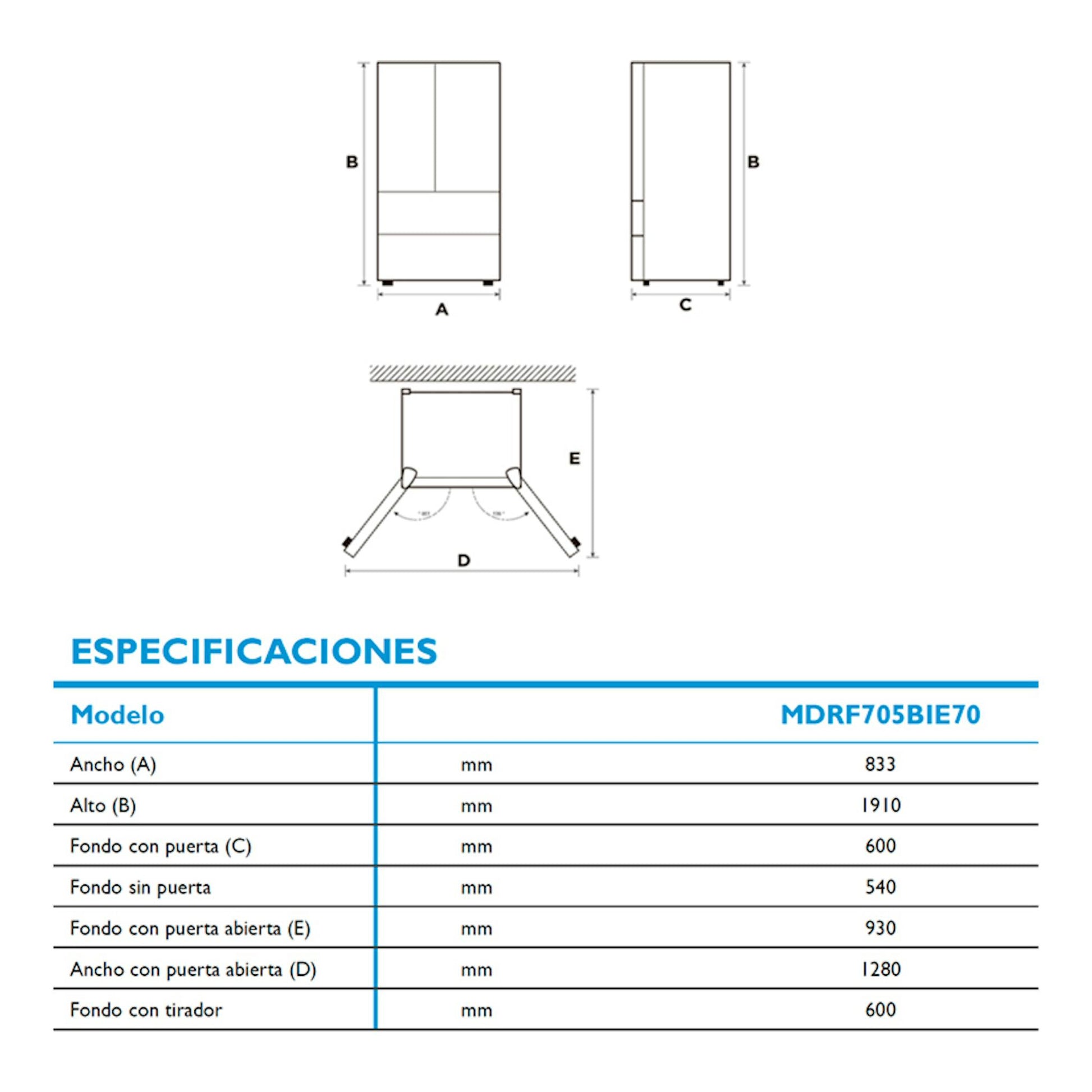 Diagrama de dimensiones del frigorífico americano Midea MDRF705BIE70, vistas frontal, lateral y abierta.