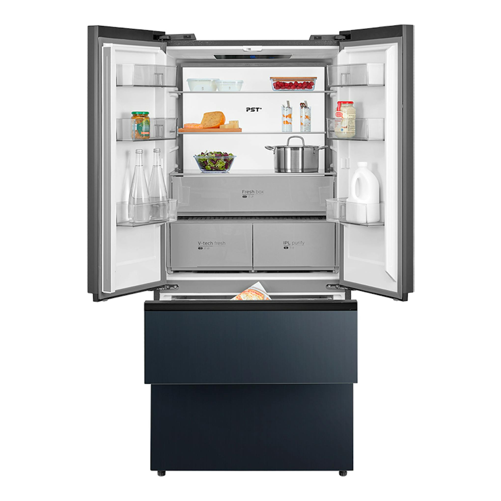 Frigorífico Midea MDRF705BIE70 inox, vista frontal con puertas abiertas y cajón inferior extraído.