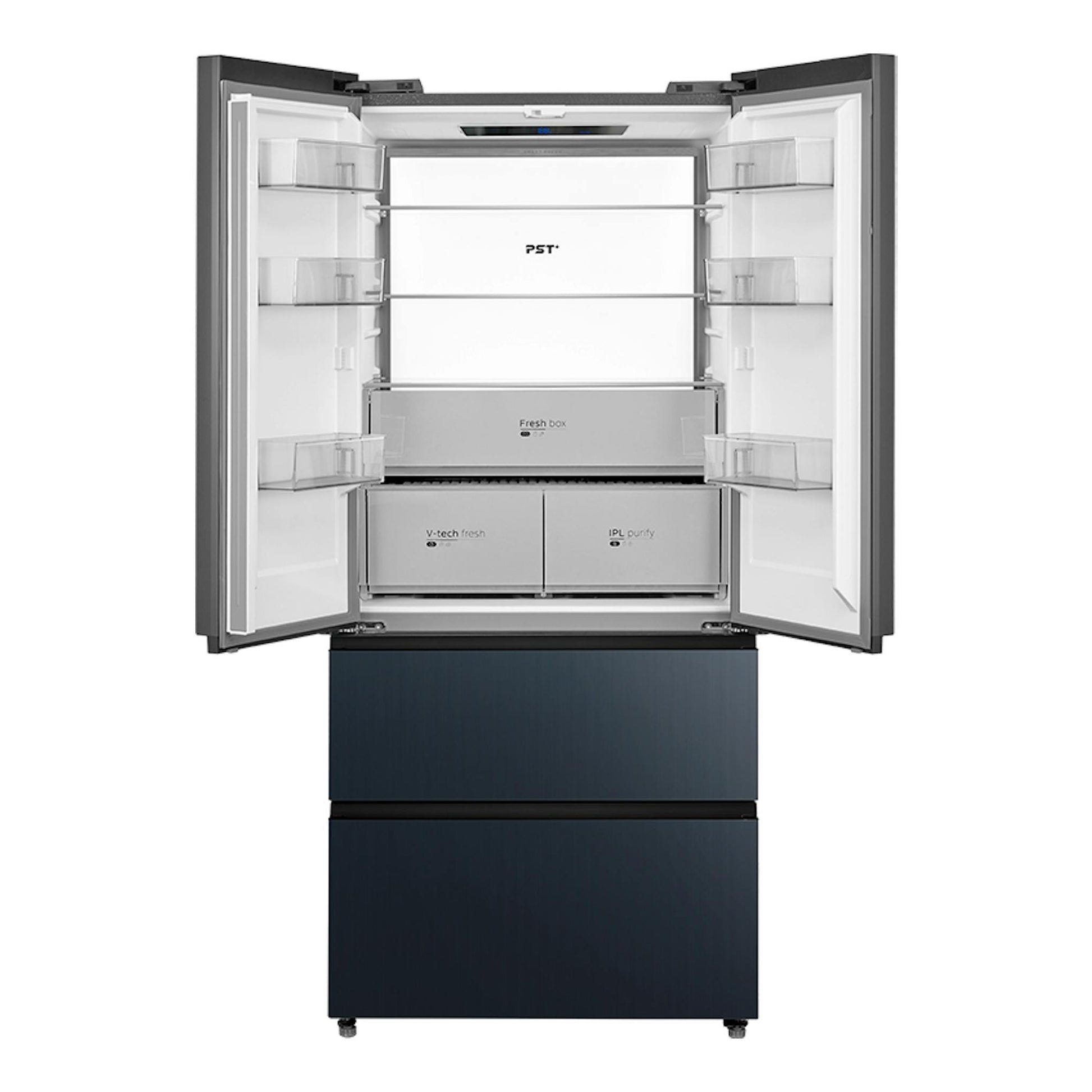 Frigorífico americano Midea MDRF705BIE70 inox, vista frontal con puertas abiertas y dos cajones inferiores.