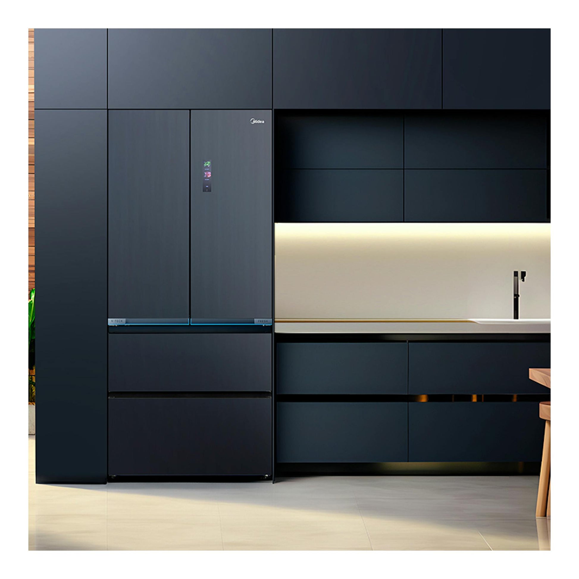 Frigorífico americano Midea MDRF705BIE70, vista frontal, negro mate, con dispensador y cajones.