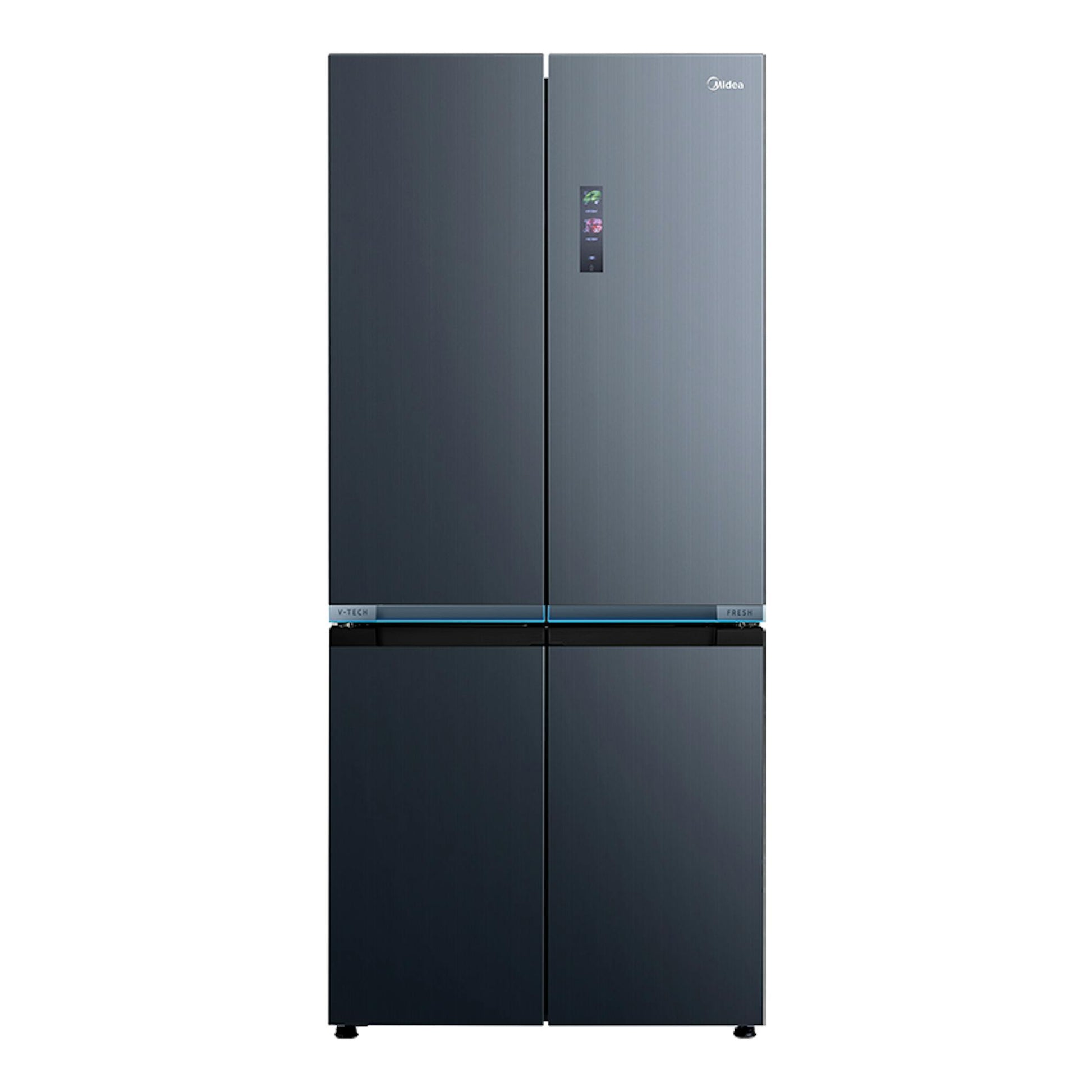 Frigorífico americano Midea MDRM706BIE70 gris, vista frontal, cuatro puertas con panel digital.