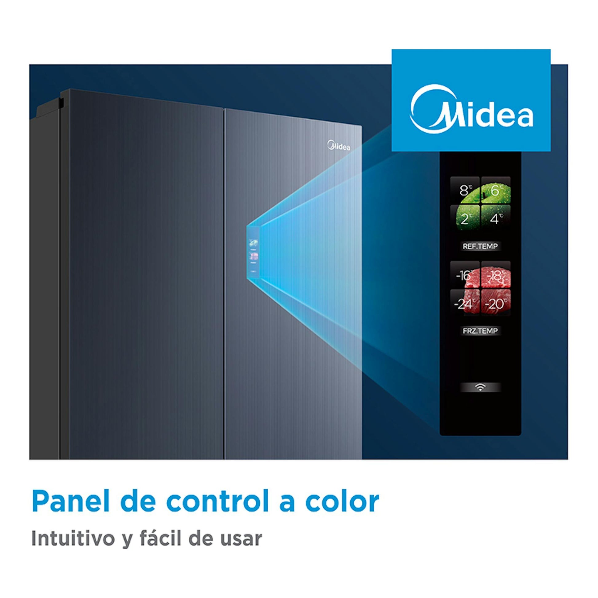 Frigorífico americano Midea MDRM706BIE70 gris, vista frontal, con panel de control a color.