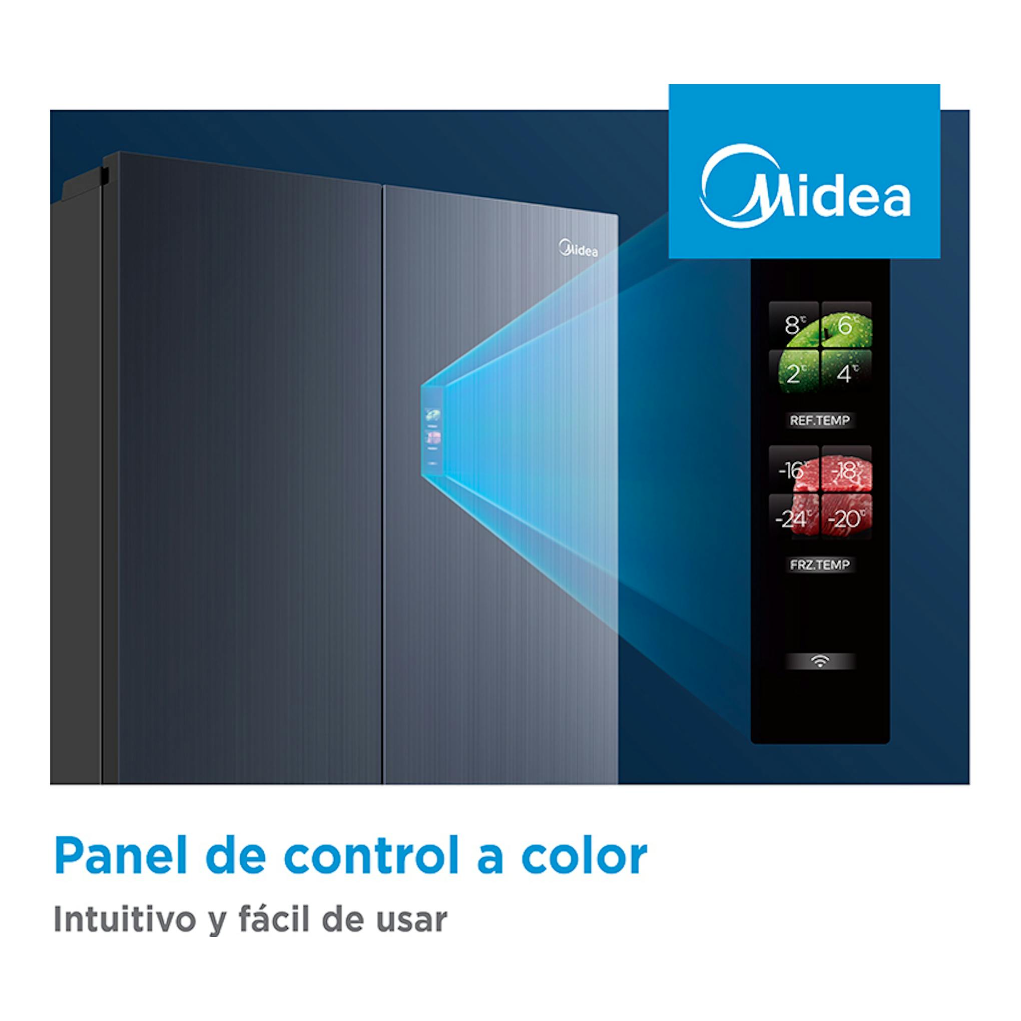 Frigorífico americano Midea MDRM706BIE70 gris, vista frontal, con panel de control a color.