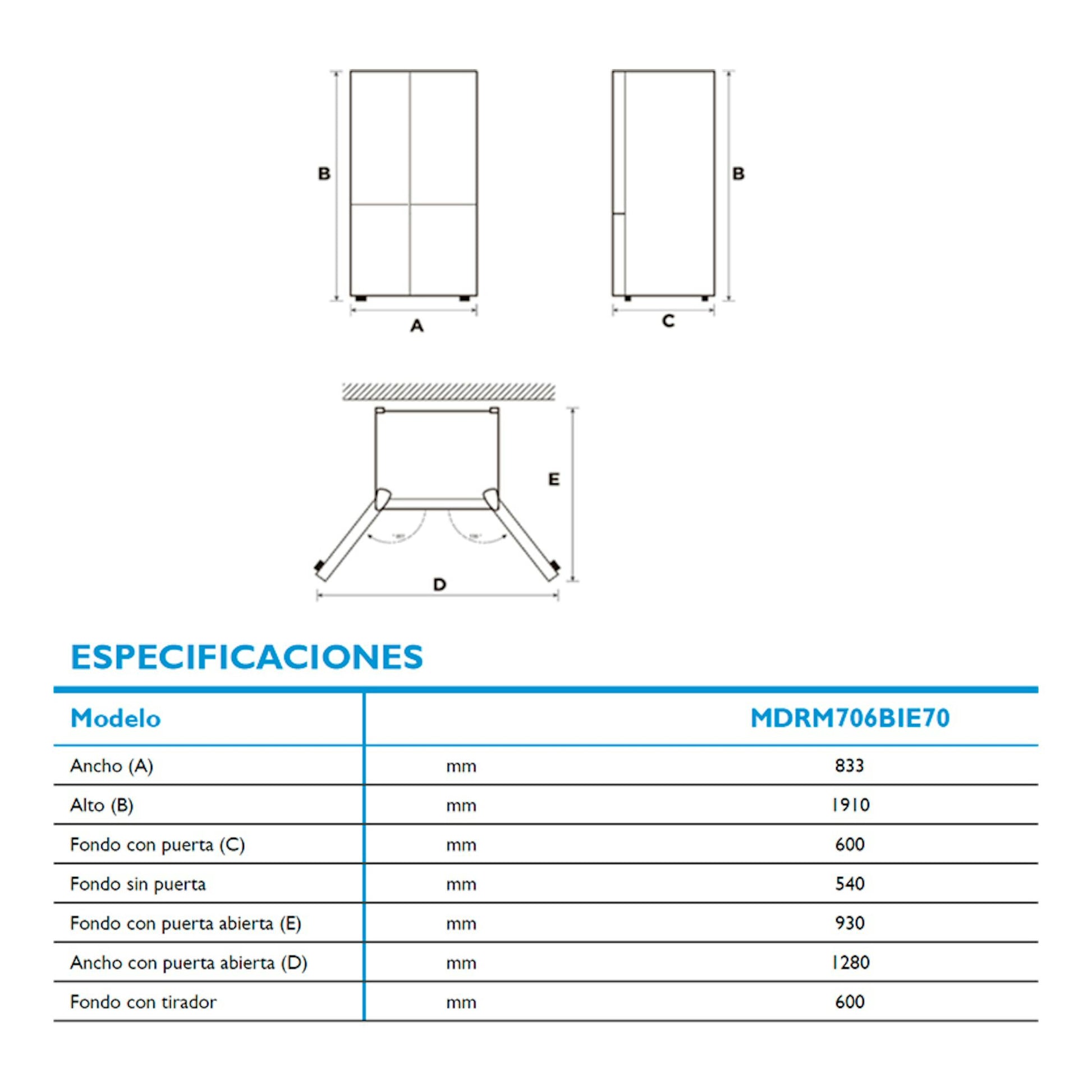 Esquema técnico del frigorífico americano Midea MDRM706BIE70, con vistas frontal, lateral y medidas.