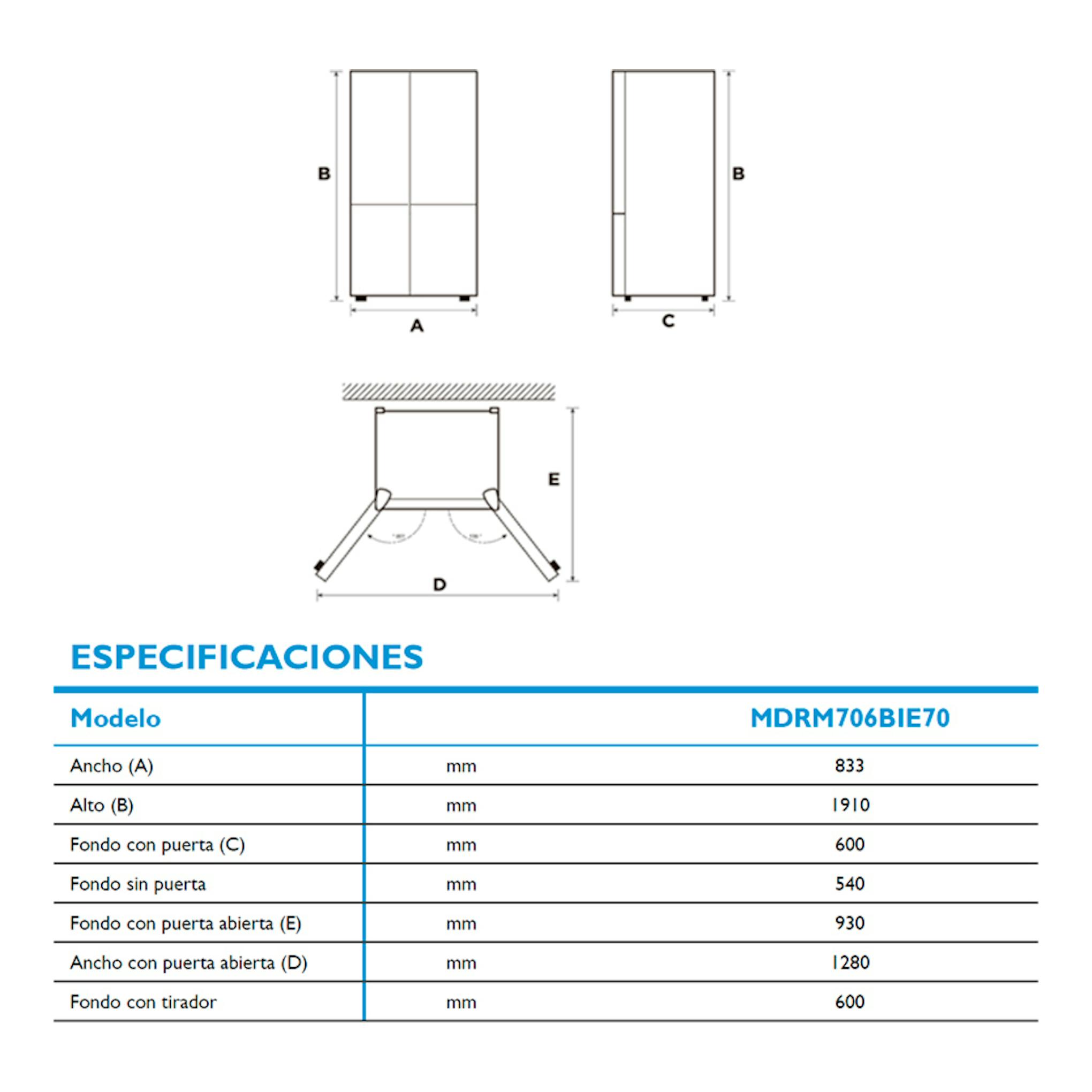 Esquema técnico del frigorífico americano Midea MDRM706BIE70, con vistas frontal, lateral y medidas.