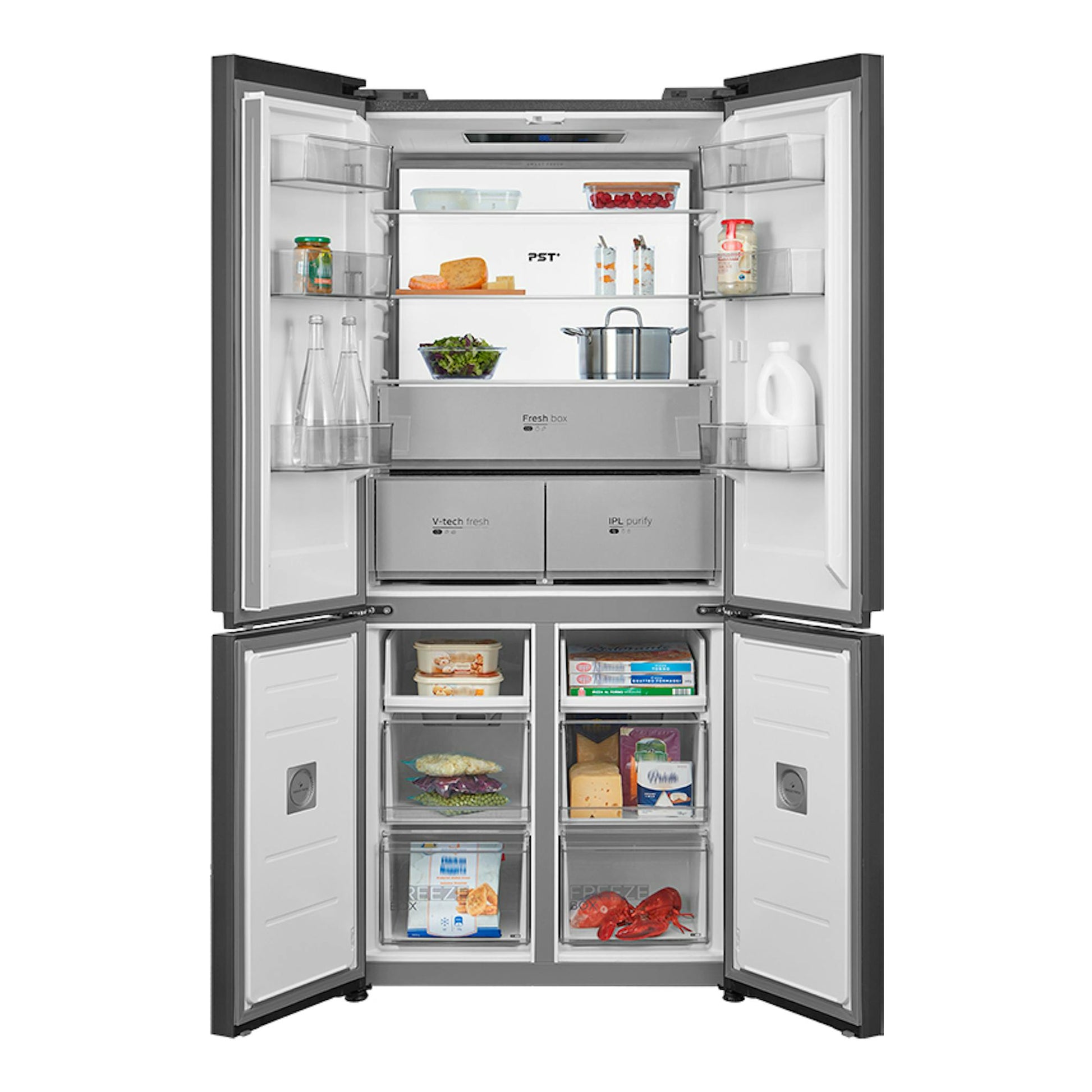 Frigorífico americano Midea MDRM706BIE70 gris, abierto de frente, con estantes y cajones visibles.