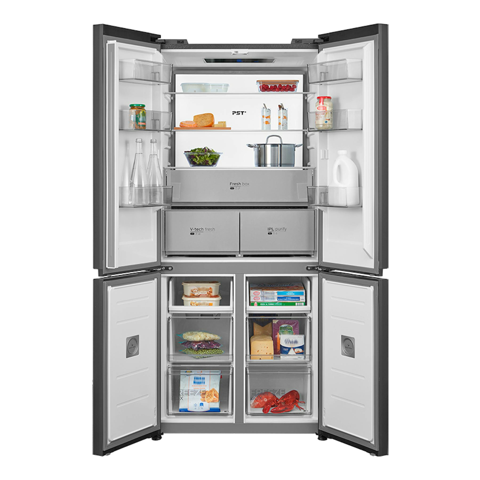 Frigorífico americano Midea MDRM706BIE70 gris, abierto de frente, con estantes y cajones visibles.