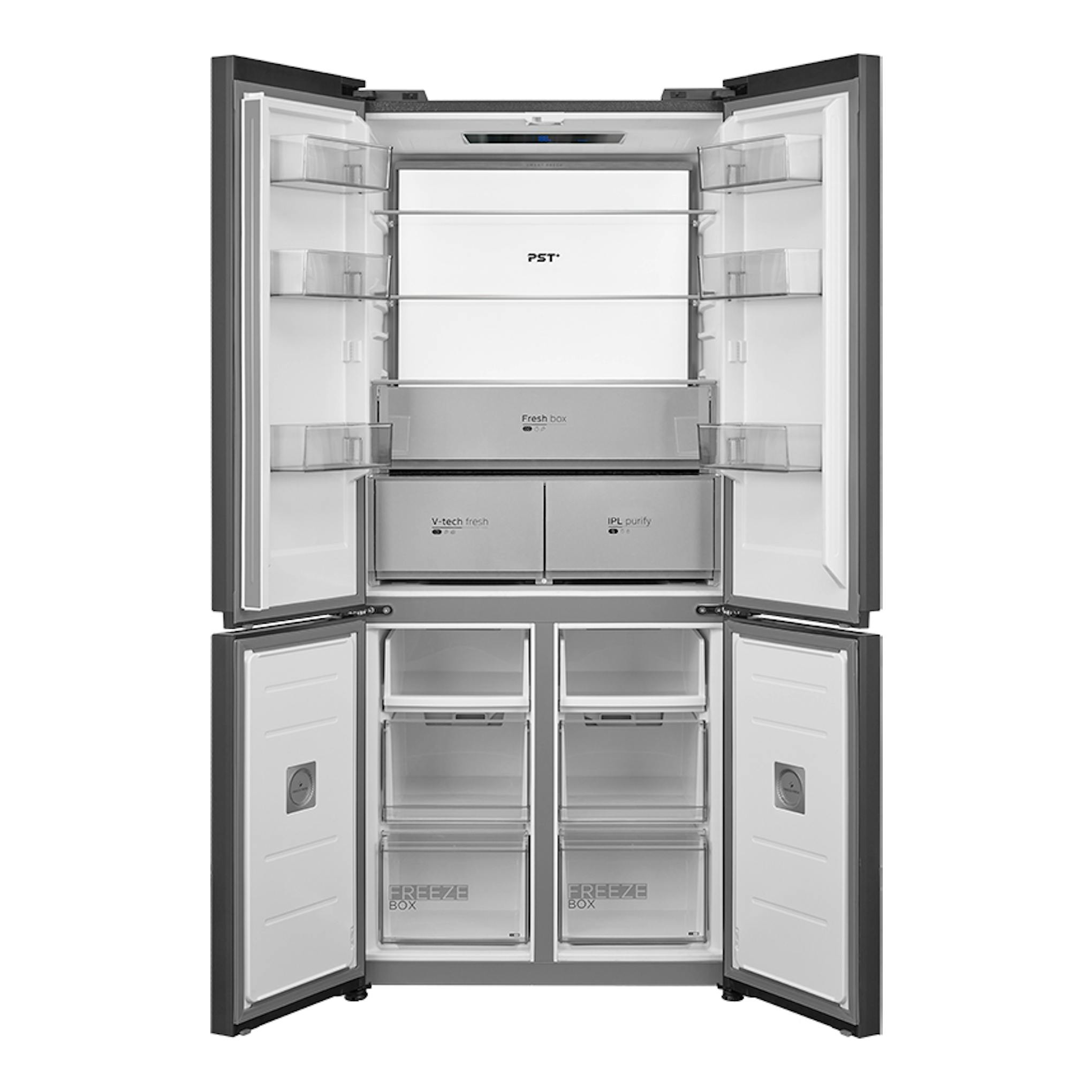 Frigorífico americano Midea MDRM706BIE70 gris, vista frontal con puertas abiertas y compartimentos internos.