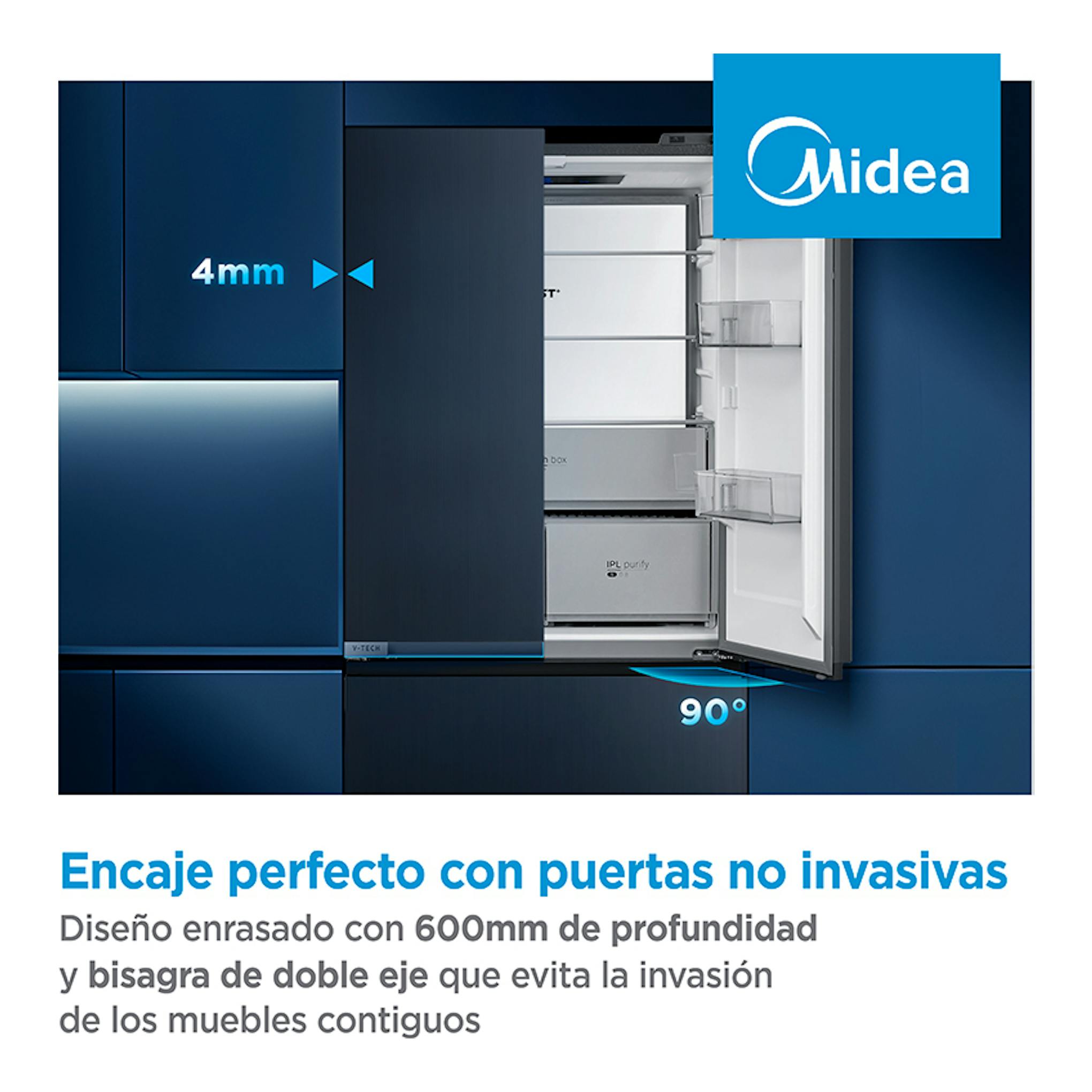 Frigorífico americano Midea MDRM706BIE70 gris, vista frontal con una puerta abierta y el interior visible.