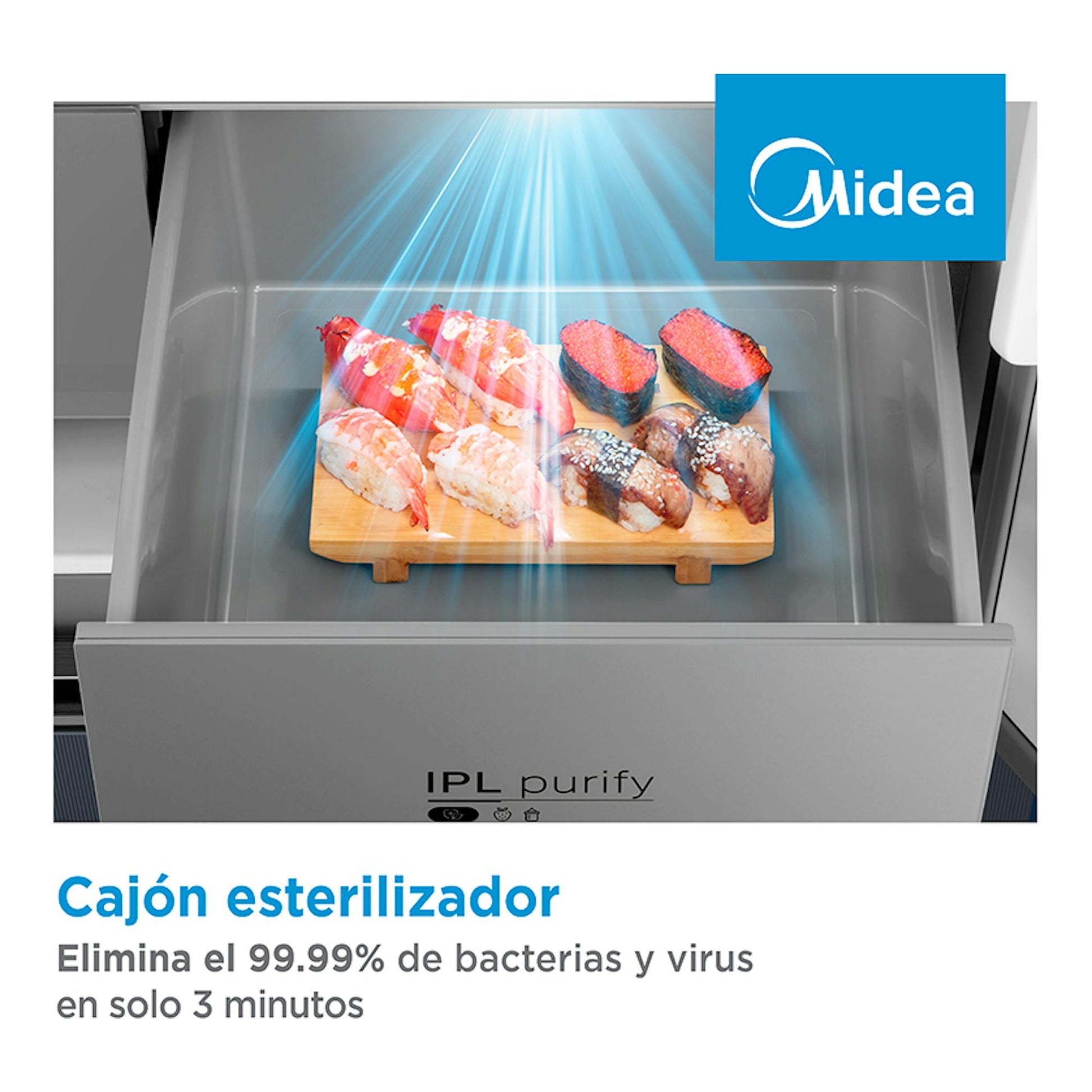 Imagen del cajón esterilizador de un frigorífico americano Midea MDRM706BIE70, gris, con sushi y luz azul.