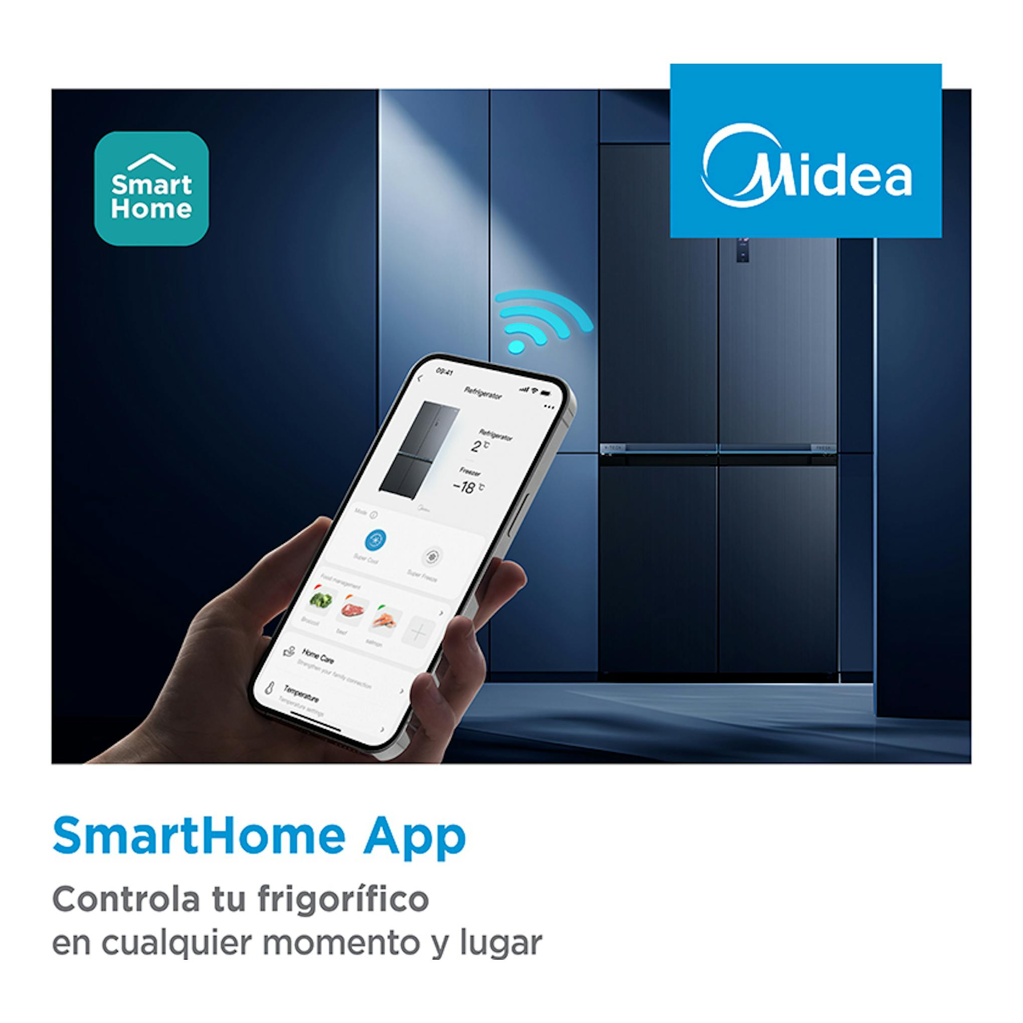 Frigorífico americano Midea MDRM706BIE70 gris, vista frontal, con móvil mostrando la app SmartHome.