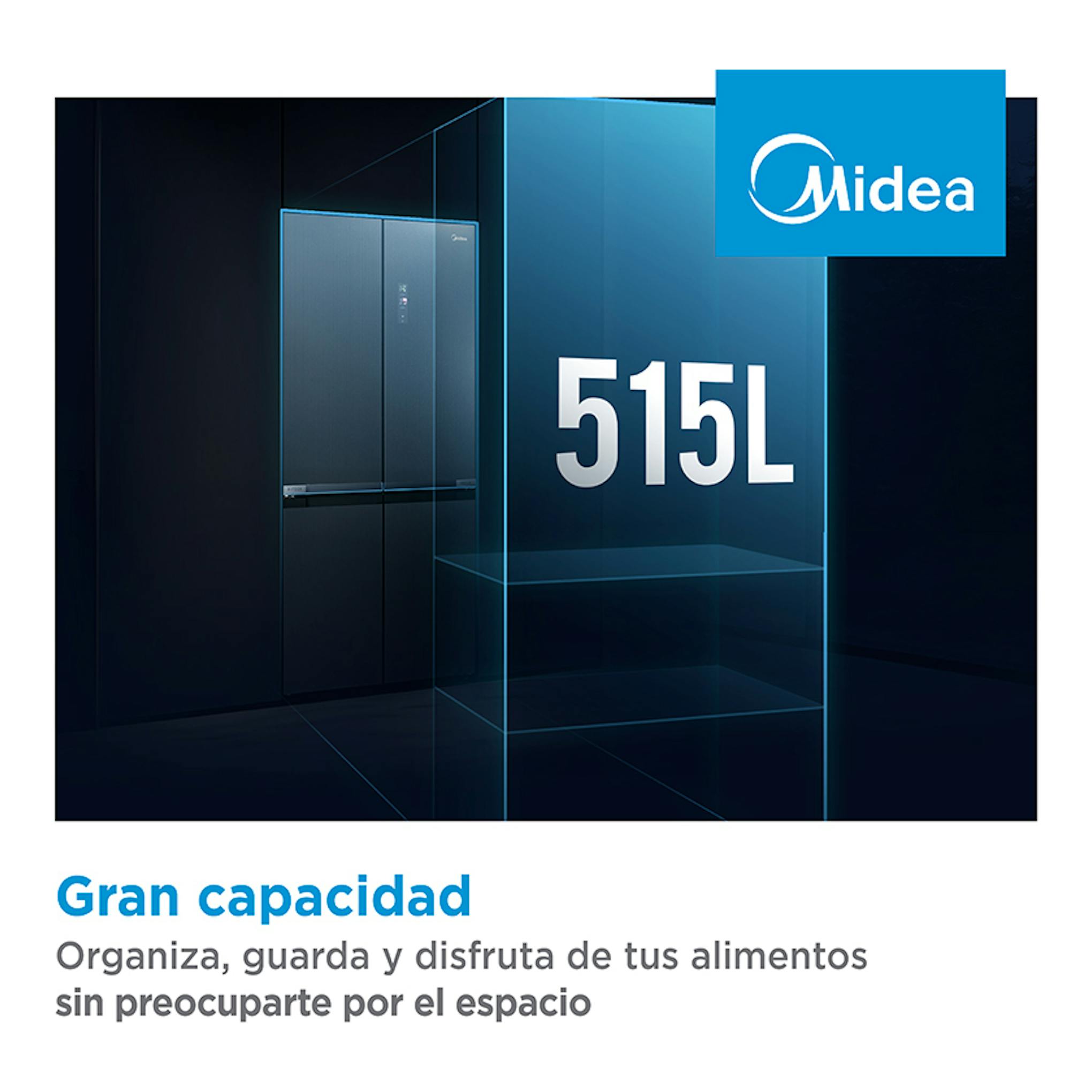 Frigorífico americano Midea MDRM706BIE70 gris, vista frontal, con texto 515L y logotipo Midea.