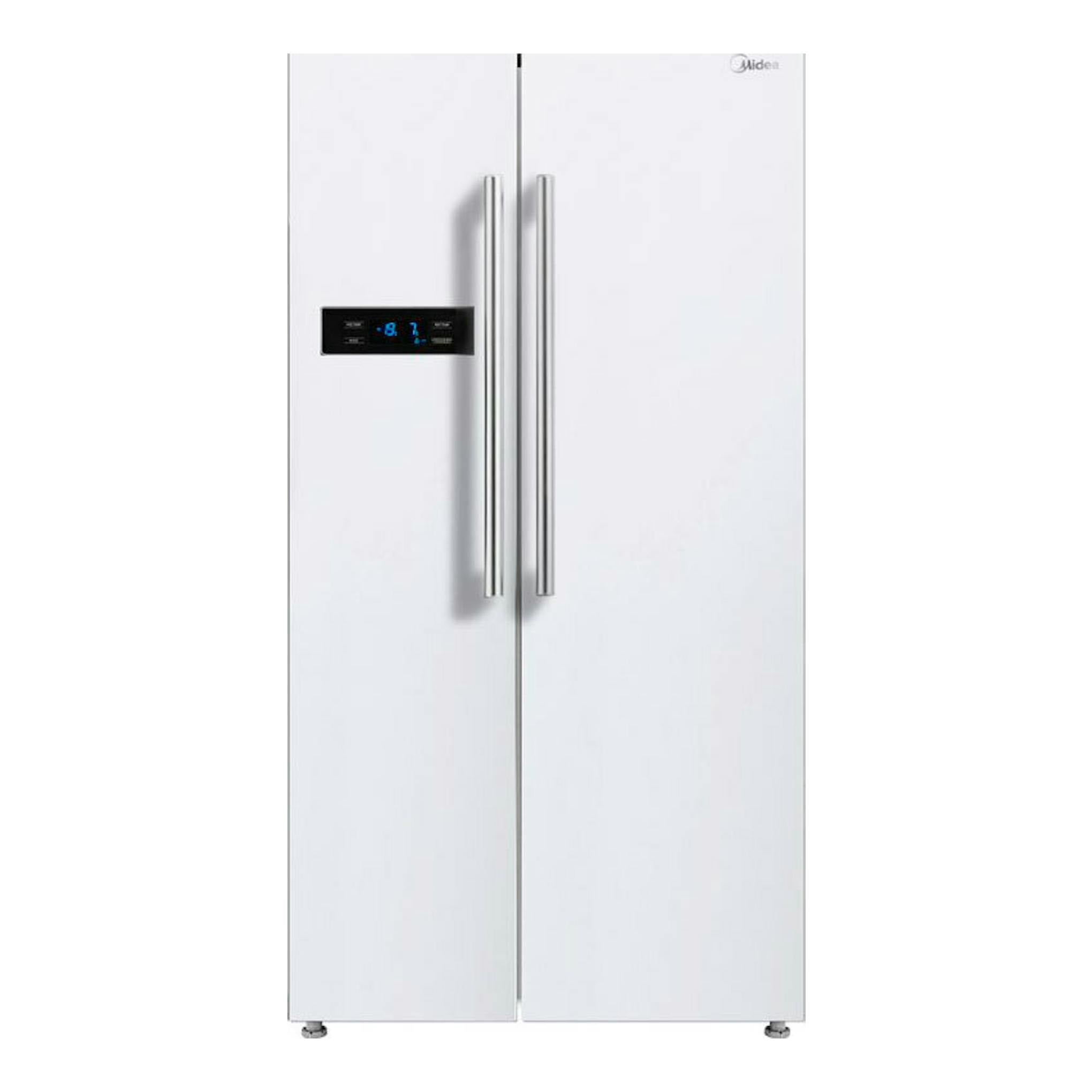 Frigorífico americano Midea MDRS710FGF01 blanco, vista frontal, dos puertas con panel digital.