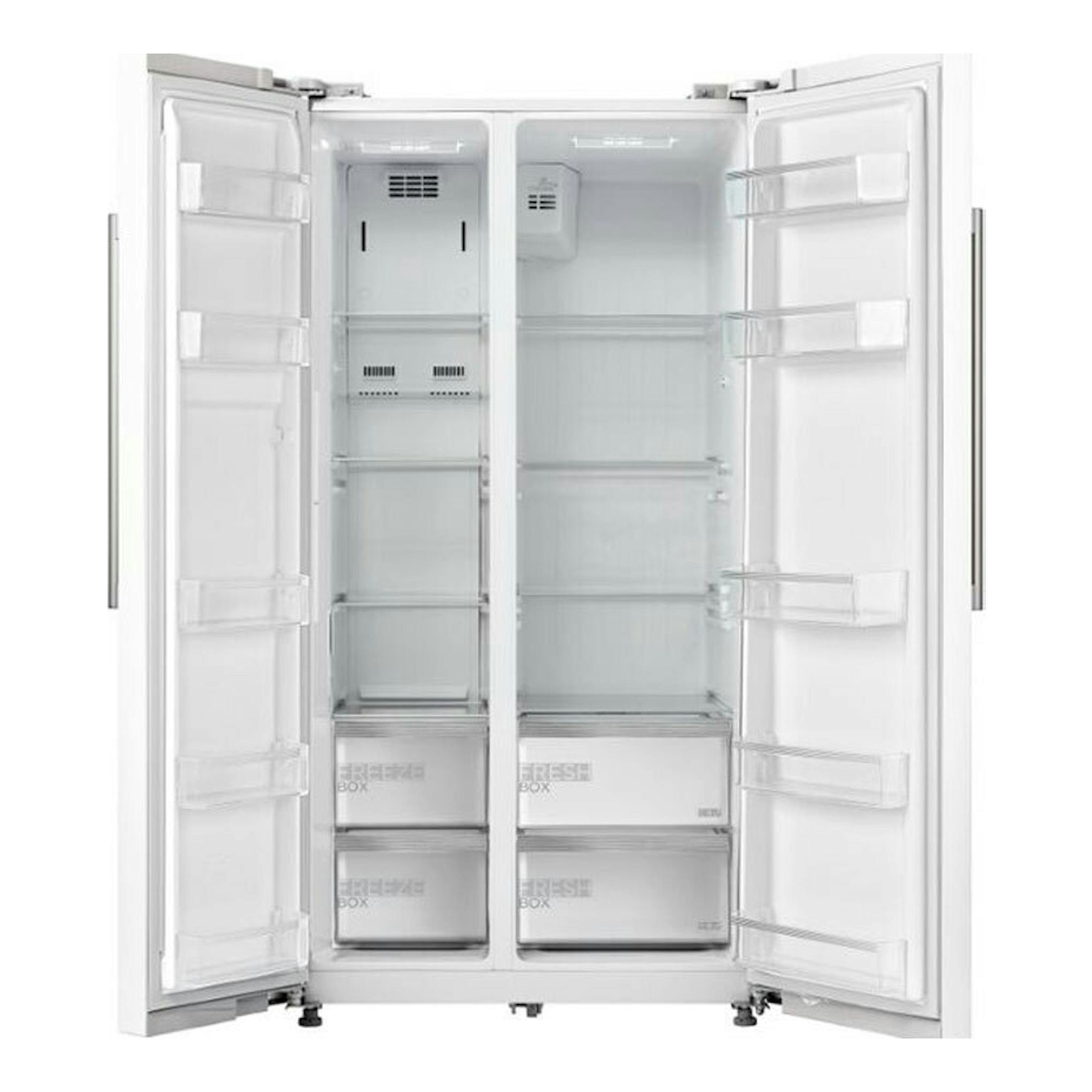Frigorífico americano Midea MDRS710FGF01 blanco, con puertas abiertas y vista frontal del interior.