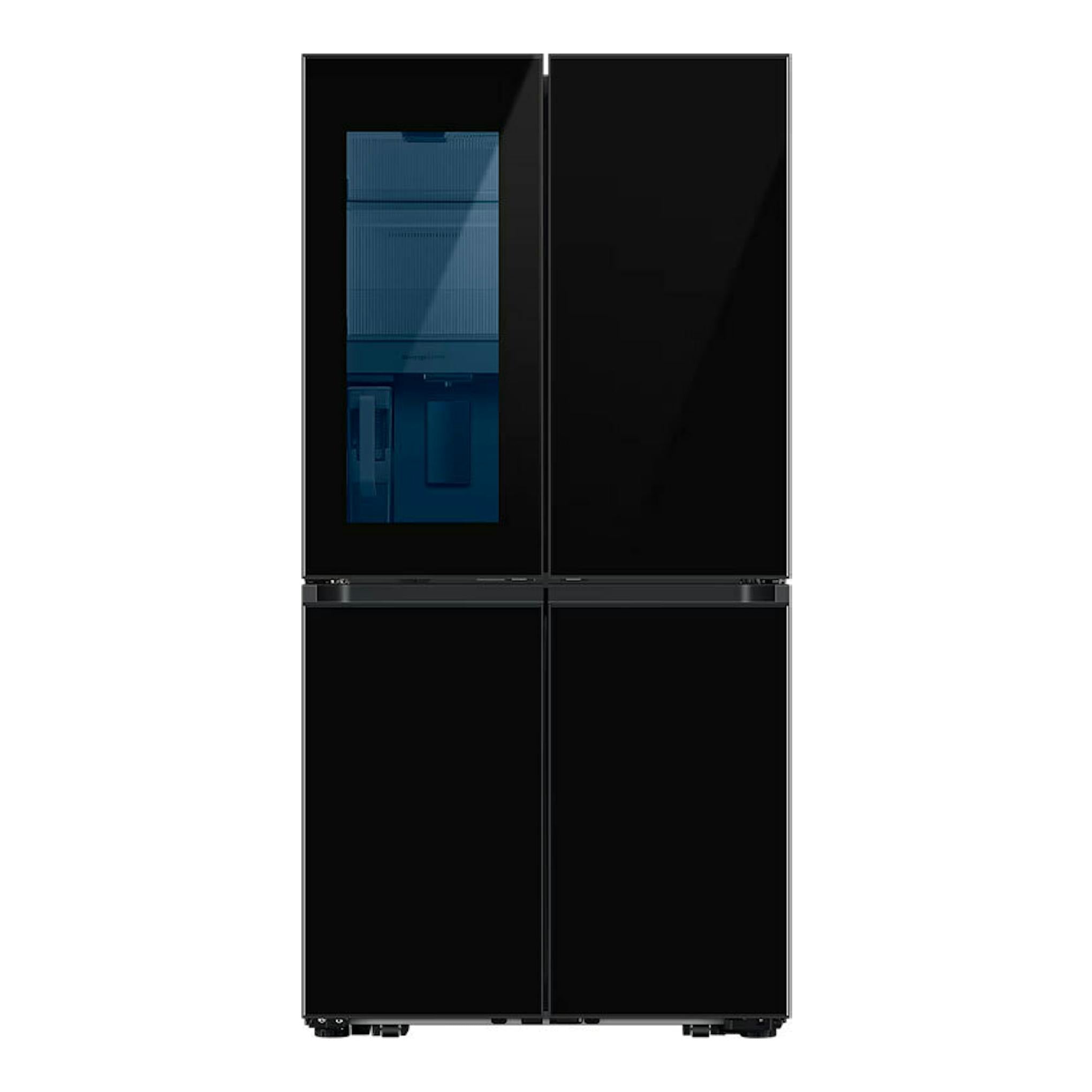 Frigorífico americano Samsung RF65DB970E22EF negro, vista frontal, cuatro puertas con panel de vidrio.