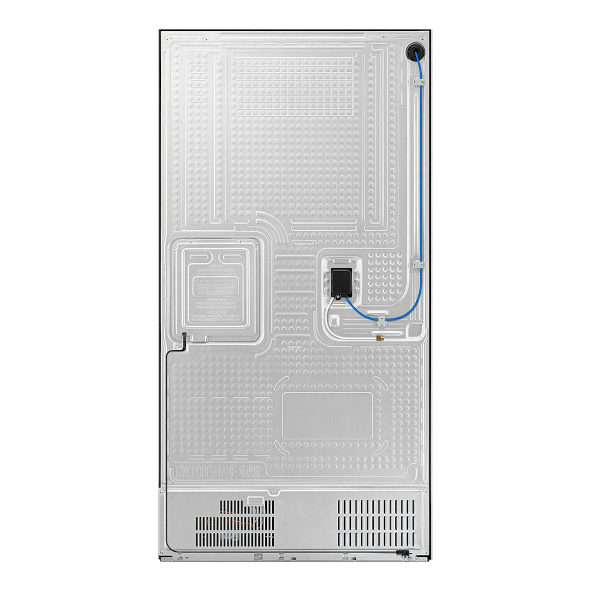 Samsung RF65DB970E22EF negro, vista trasera del frigorífico con panel metálico, tubos y rejillas de ventilación.