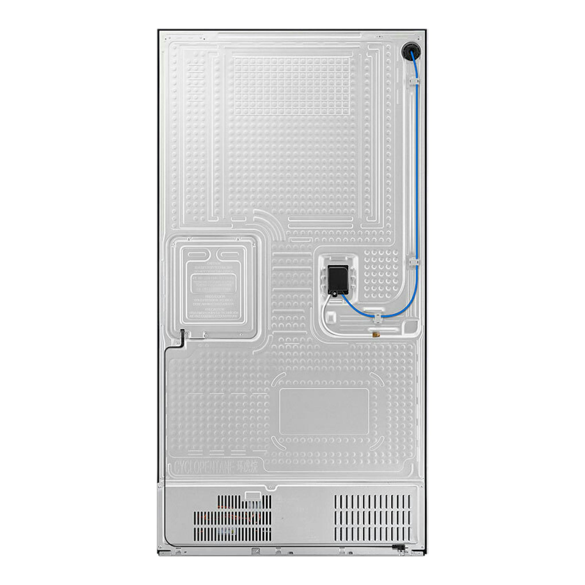 Samsung RF65DB970E22EF negro, vista trasera del frigorífico con panel metálico, tubos y rejillas de ventilación.