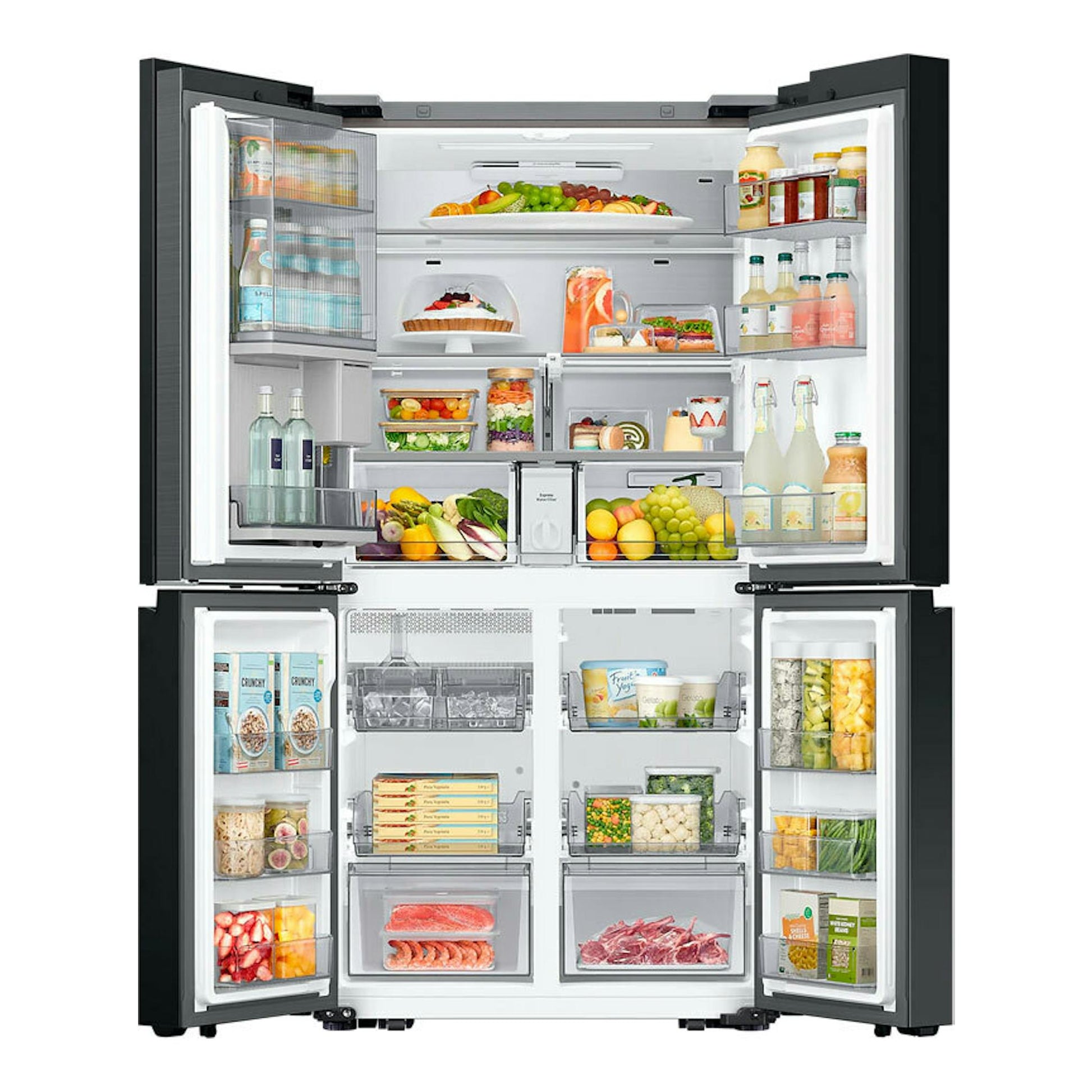 Frigorífico americano Samsung RF65DB970E22EF negro, vista frontal con puertas abiertas y compartimentos visibles.