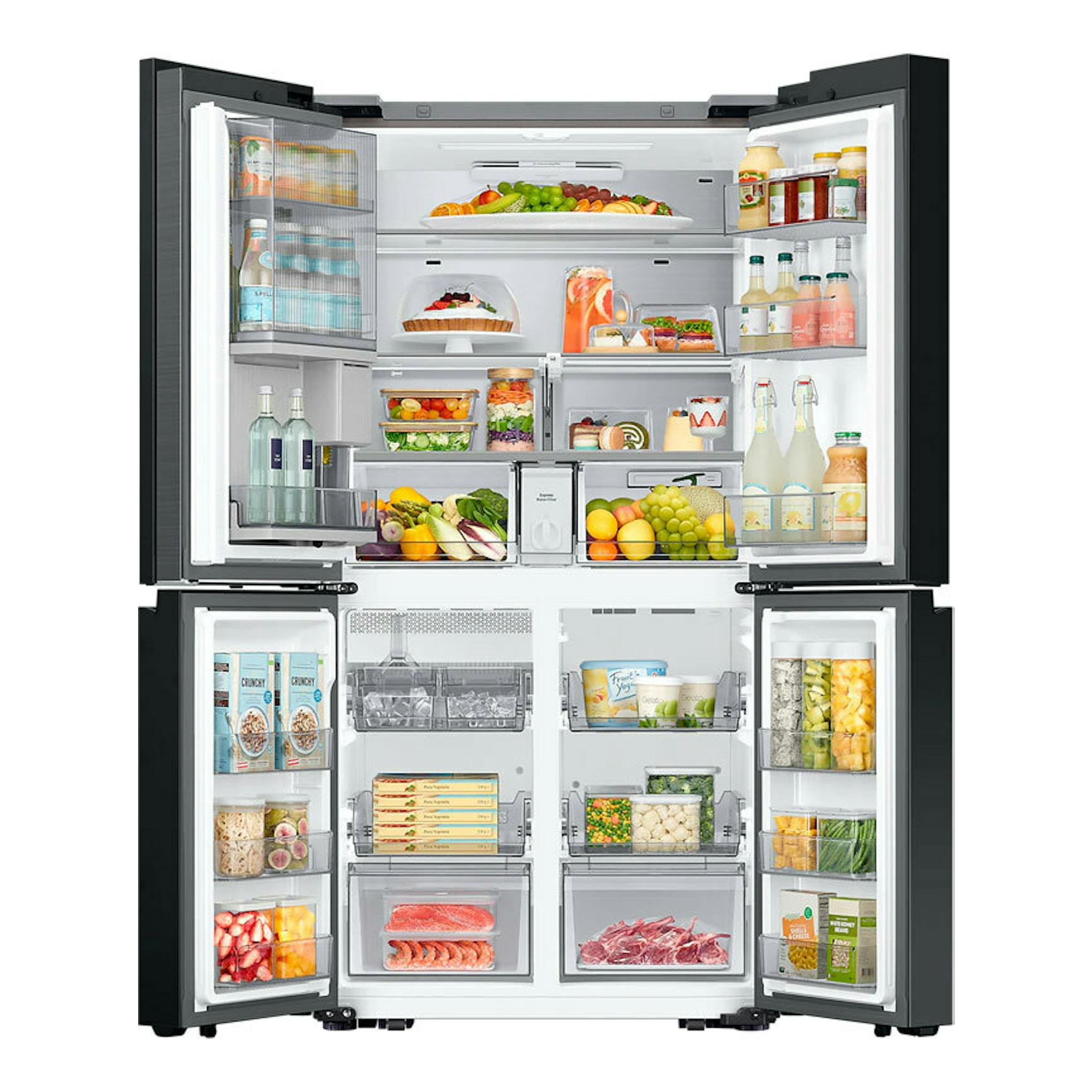 Frigorífico americano Samsung RF65DB970E22EF negro, vista frontal con puertas abiertas y compartimentos visibles.
