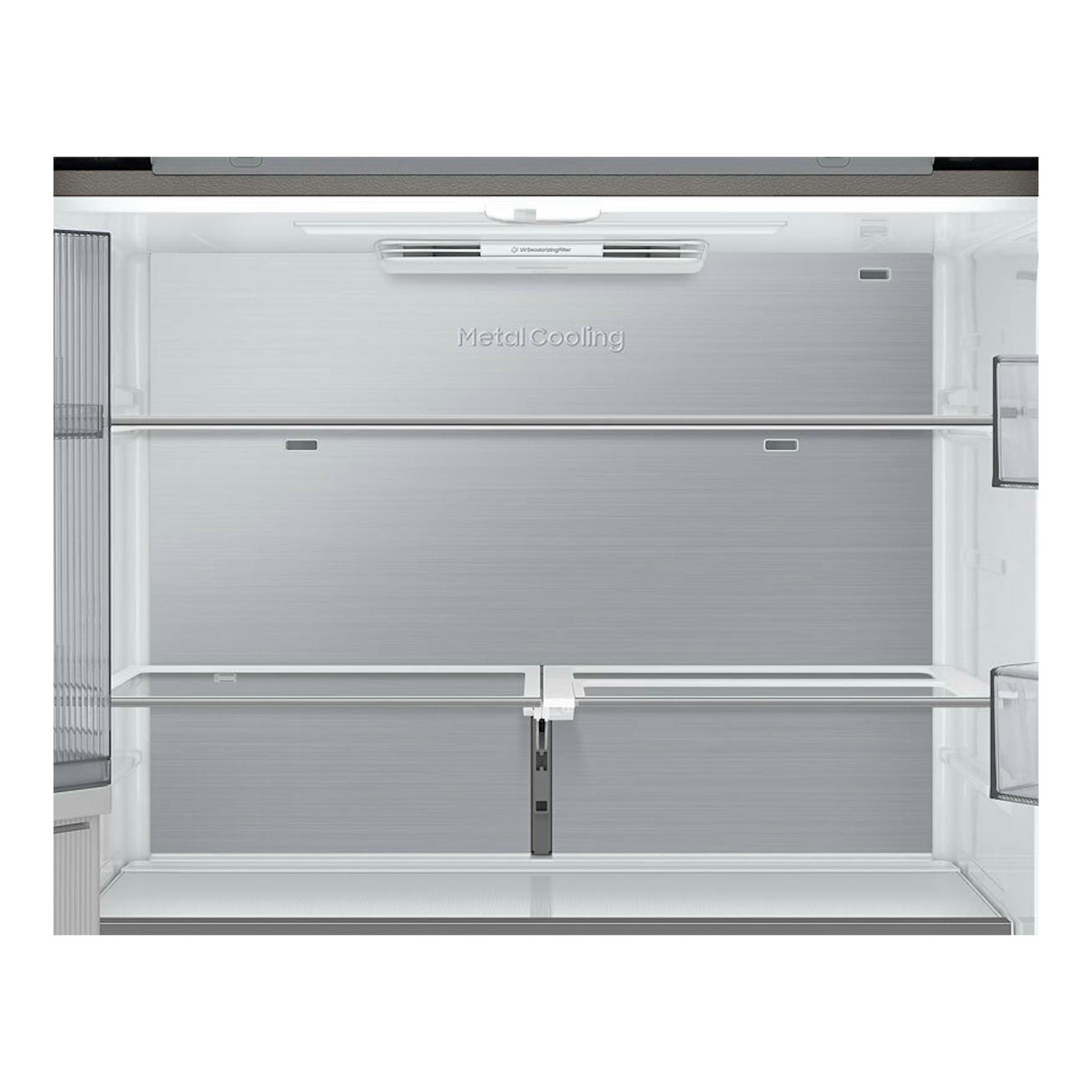 Interior de frigorífico americano Samsung RF65DB970E22EF, vista frontal abierta, paneles grises.
