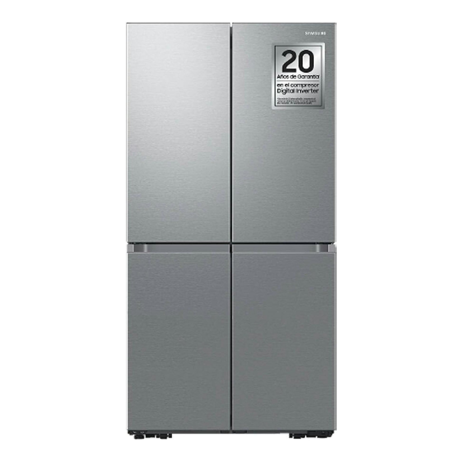 Frigorífico americano Samsung RF65DG960ESREF en inox, vista frontal de cuatro puertas.