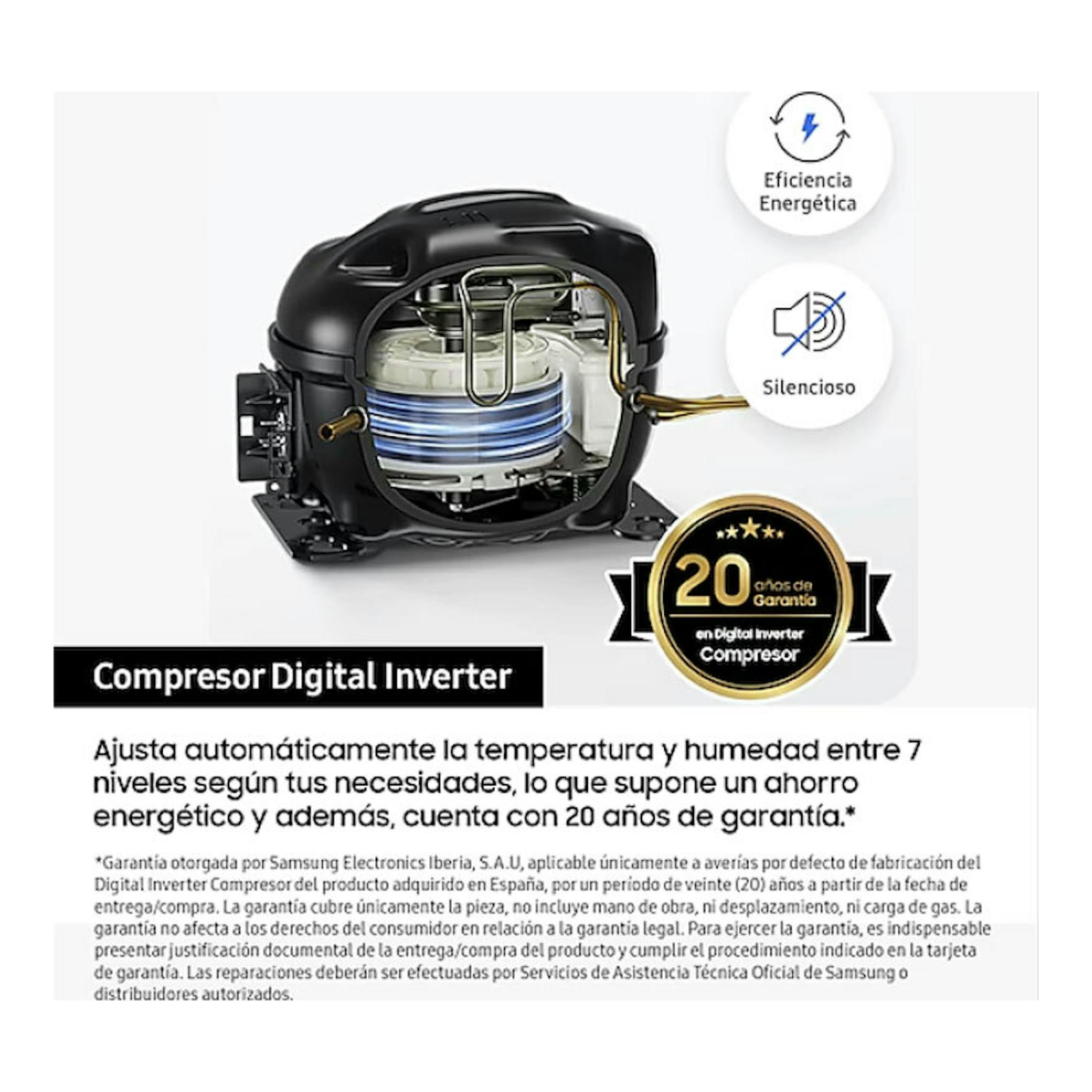 Compresor Samsung Digital Inverter en corte, negro, con iconos de eficiencia energética y silencioso.