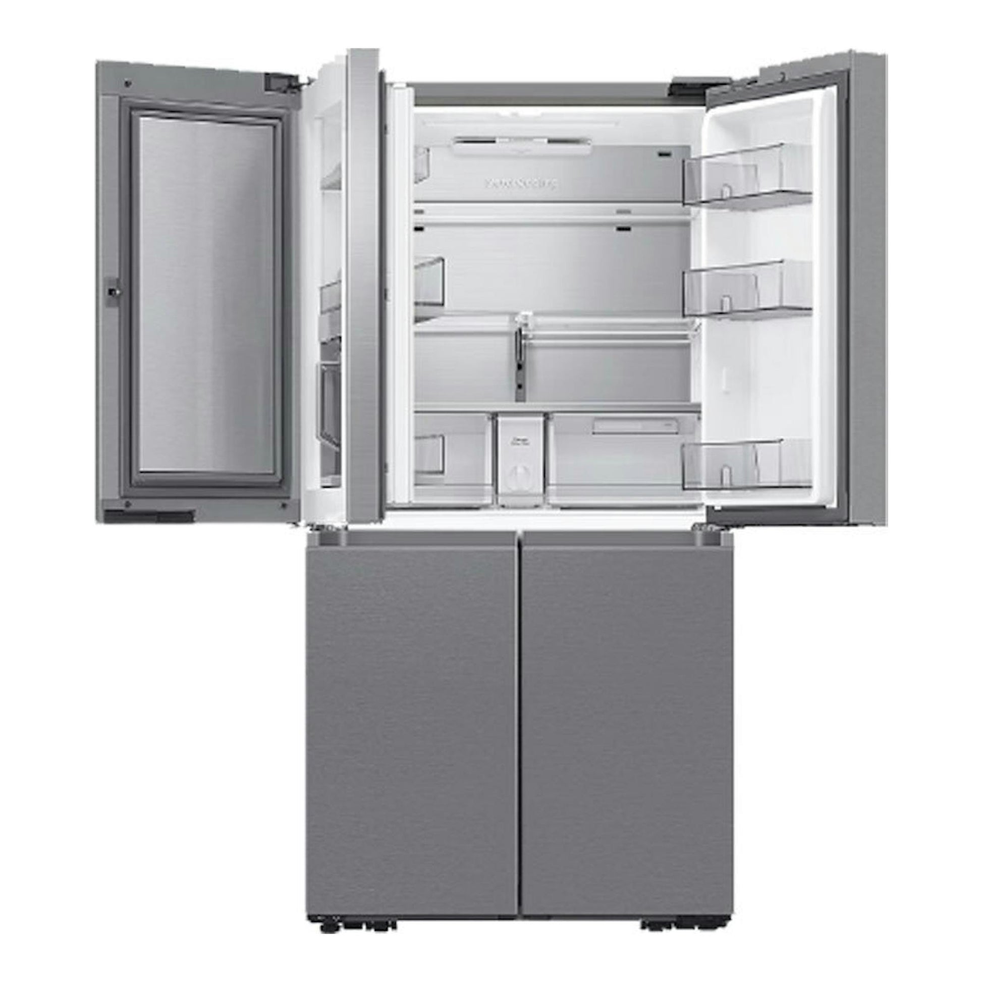 Frigorífico americano Samsung RF65DG960ESREF inox, vista frontal con puertas abiertas e interior visible.