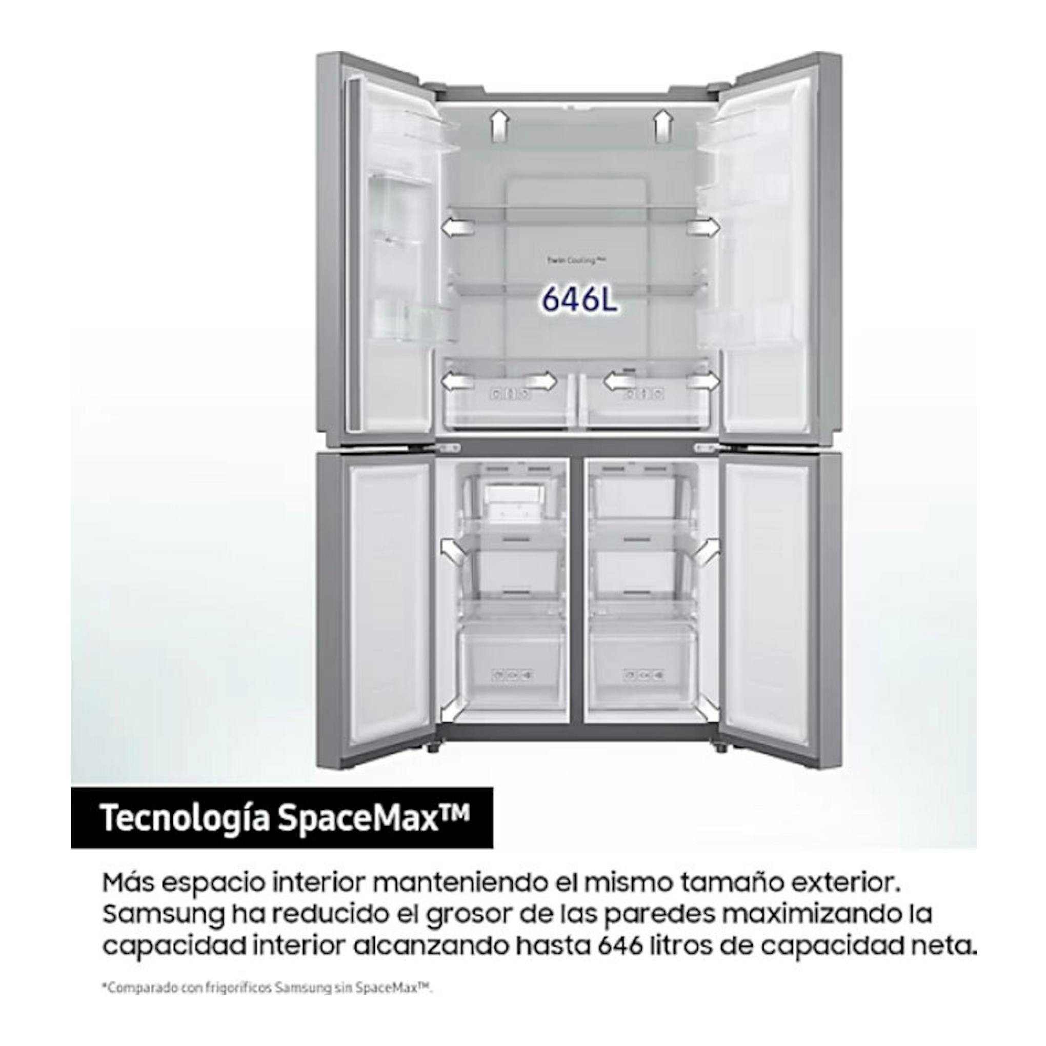 Frigorífico americano Samsung RF65DG960ESREF inox, con puertas abiertas y vista interior de 646 L.