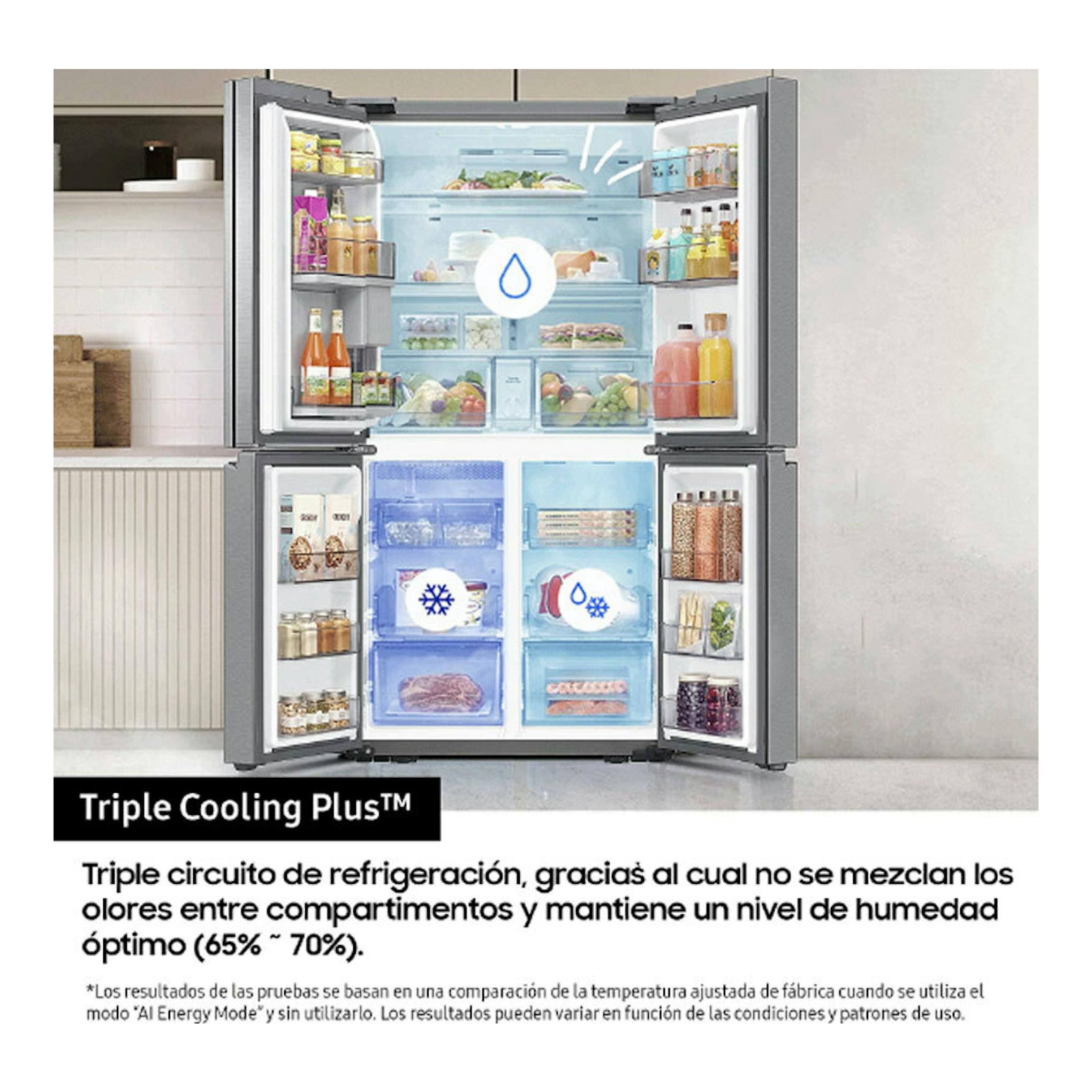 Frigorífico americano Samsung RF65DG960ESREF inox, vista frontal con puertas abiertas y compartimentos iluminados.